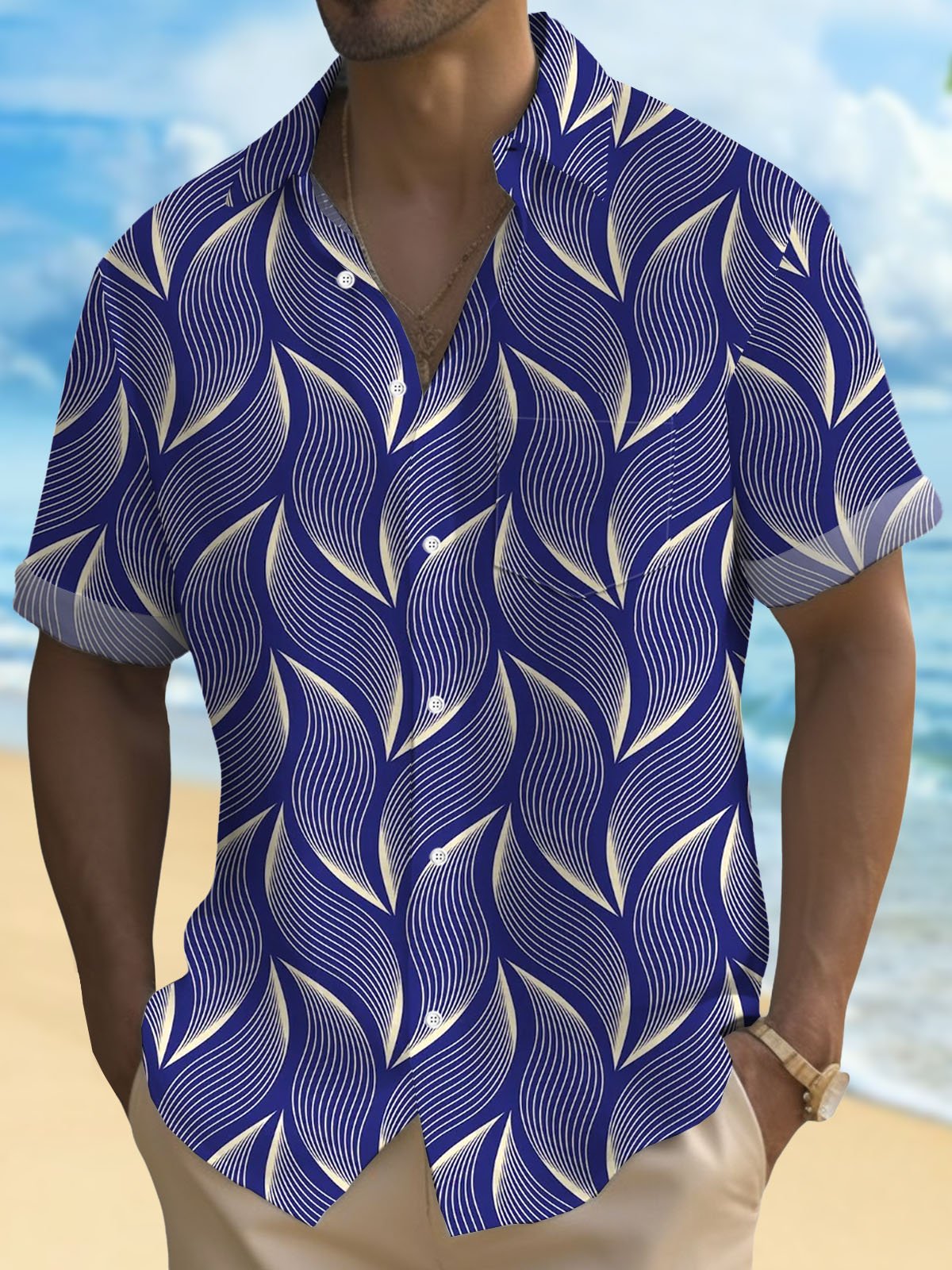 Royaura® Retro Geometric 3D Digital Printing Men's Button Pocket Short Sleeve Shirt Big & Tall