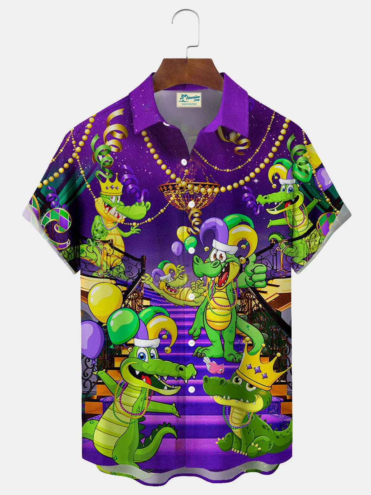 Royaura® Mardi Gras Crocodile 3D Digital Printing Men's Button Pocket Short Sleeve Big & Tall