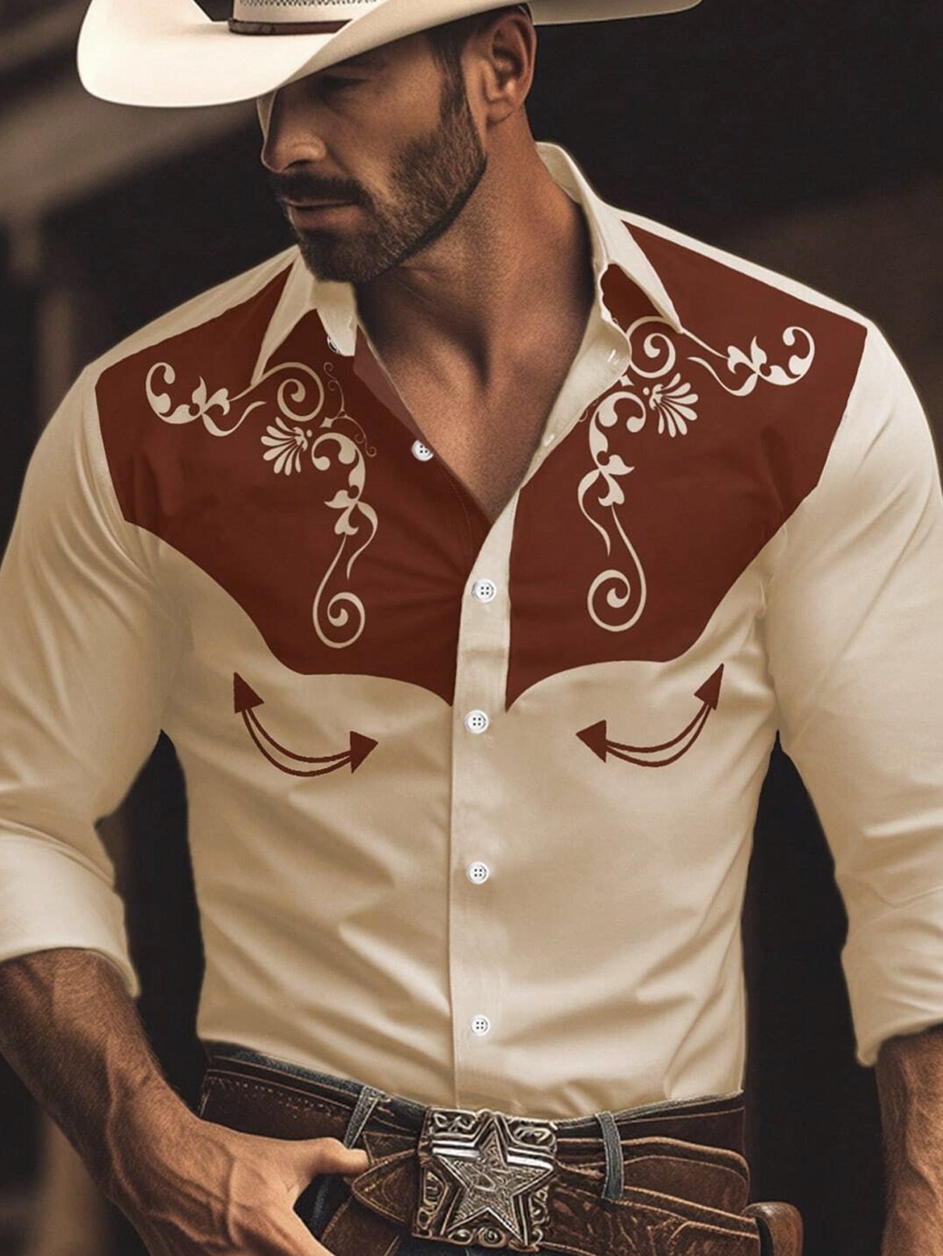 Royaura® Retro Western Cowboy 3D Digital Printing Men's Button Pocket Long Sleeve Shirt Big & Tall