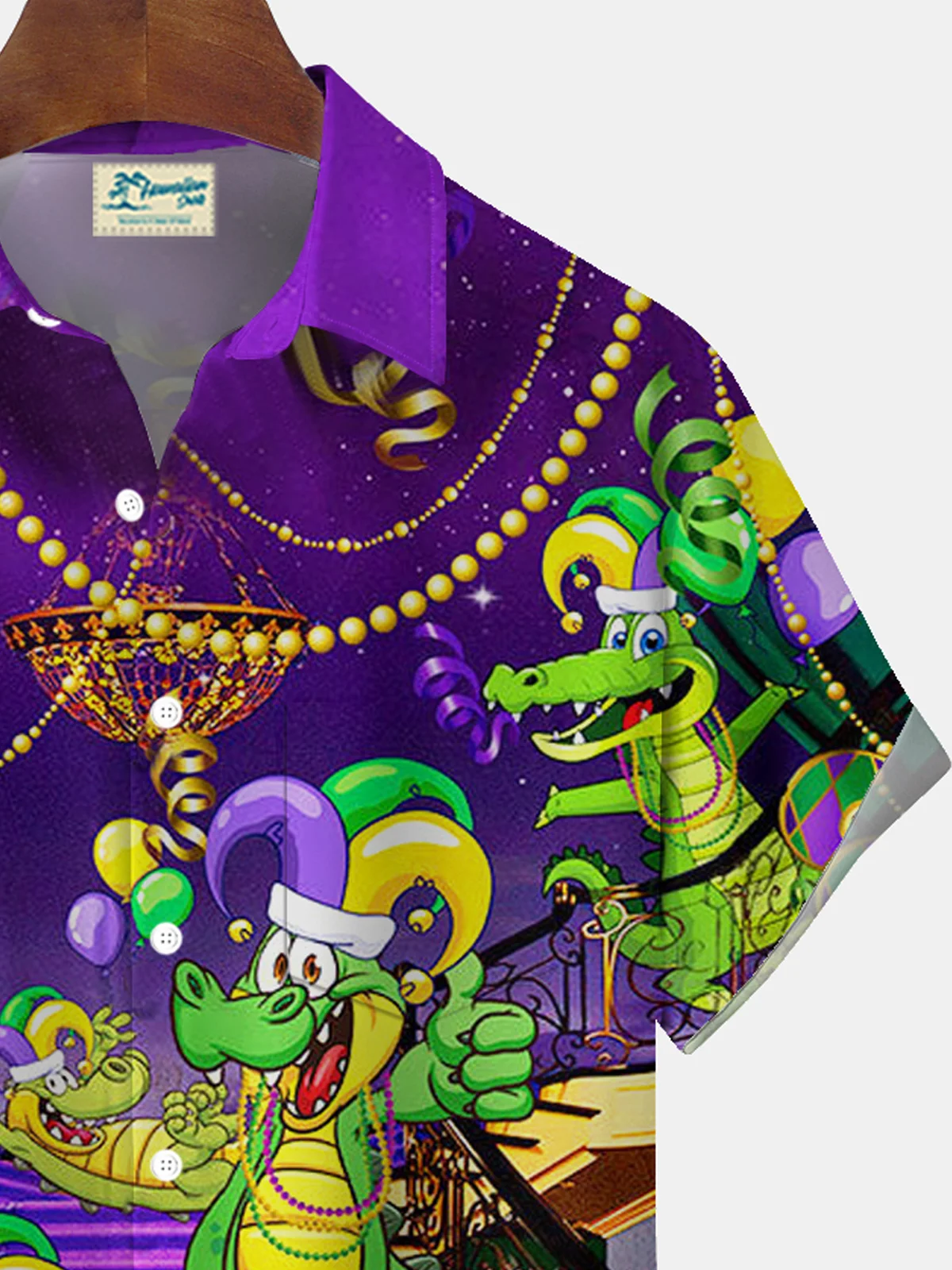 Royaura® Mardi Gras Crocodile 3D Digital Printing Men's Button Pocket Short Sleeve Big & Tall