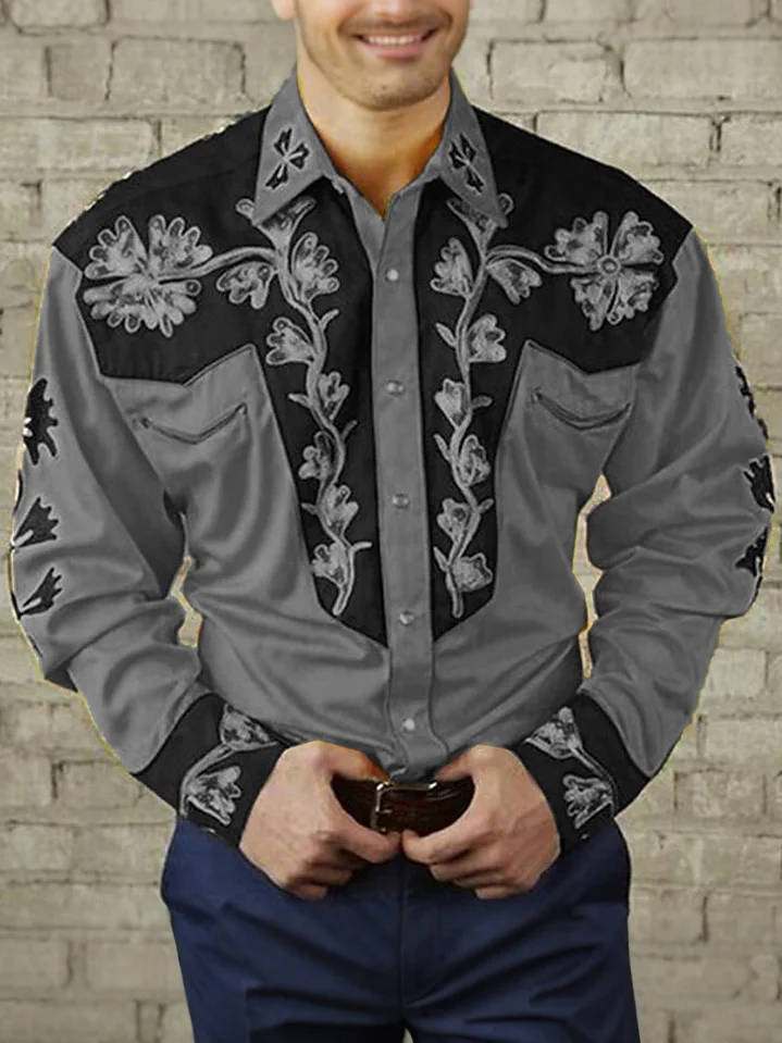 Royaura® Vintage Bowling Western Print Men's Stretch Hawaiian Long Sleeve Shirt Big Tall