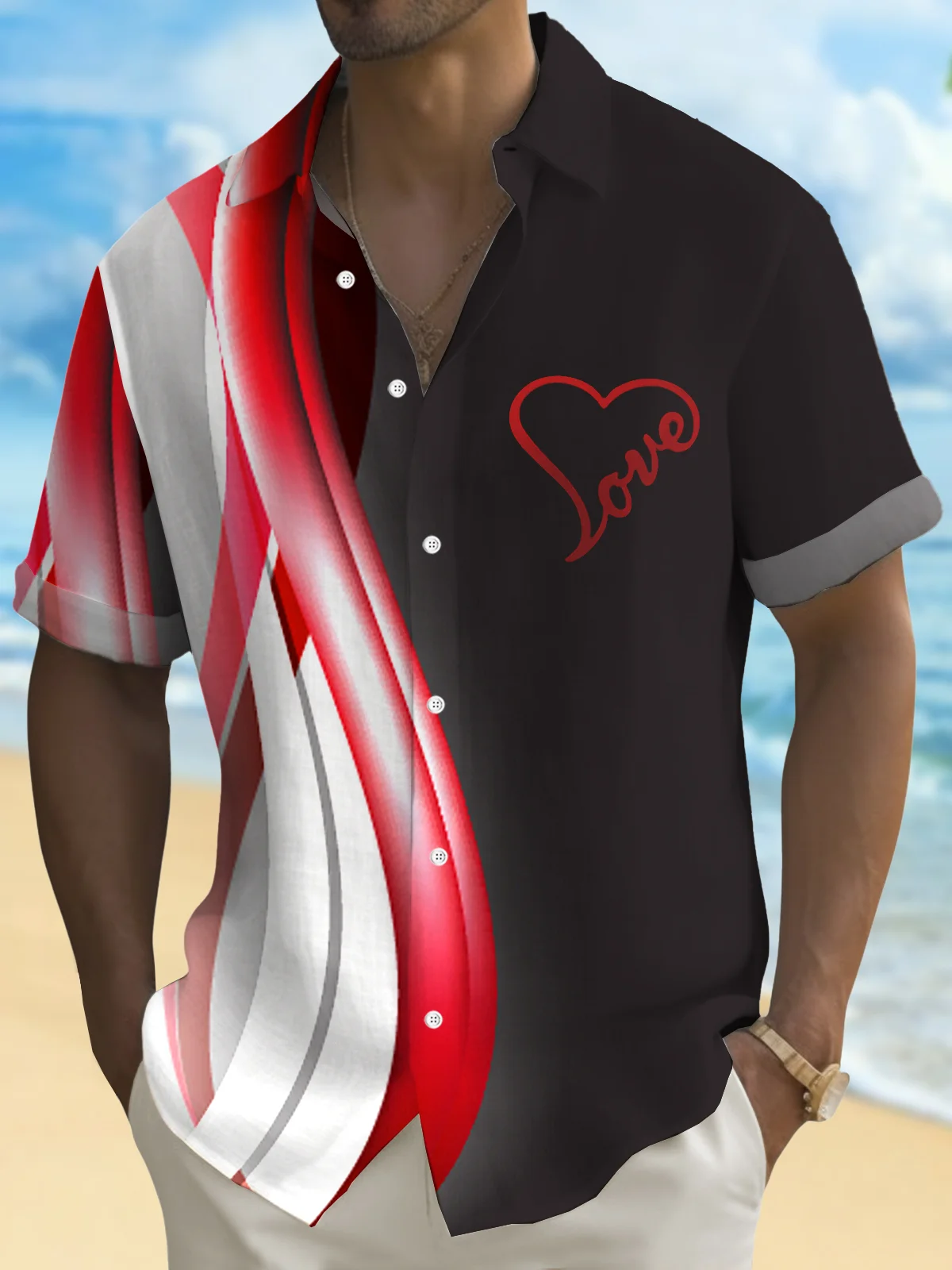 Royaura® Valentine's Day Gradient Love 3D Printed Men's Button Pocket Short Sleeve Shirt Big & Tall