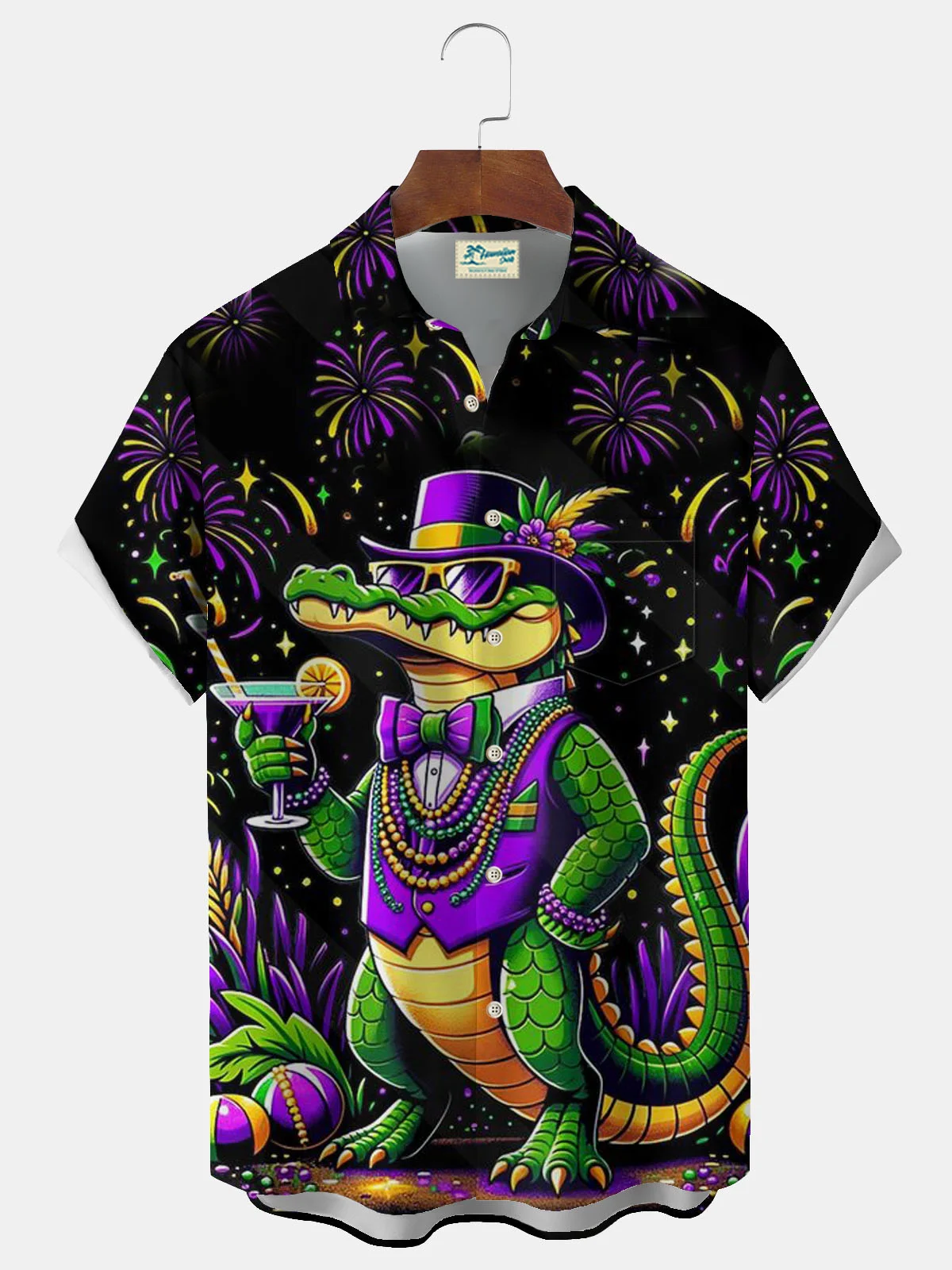 Royaura® Mardi Gras Dinosaur Button Pocket Short Sleeve Shirt Big & Tall