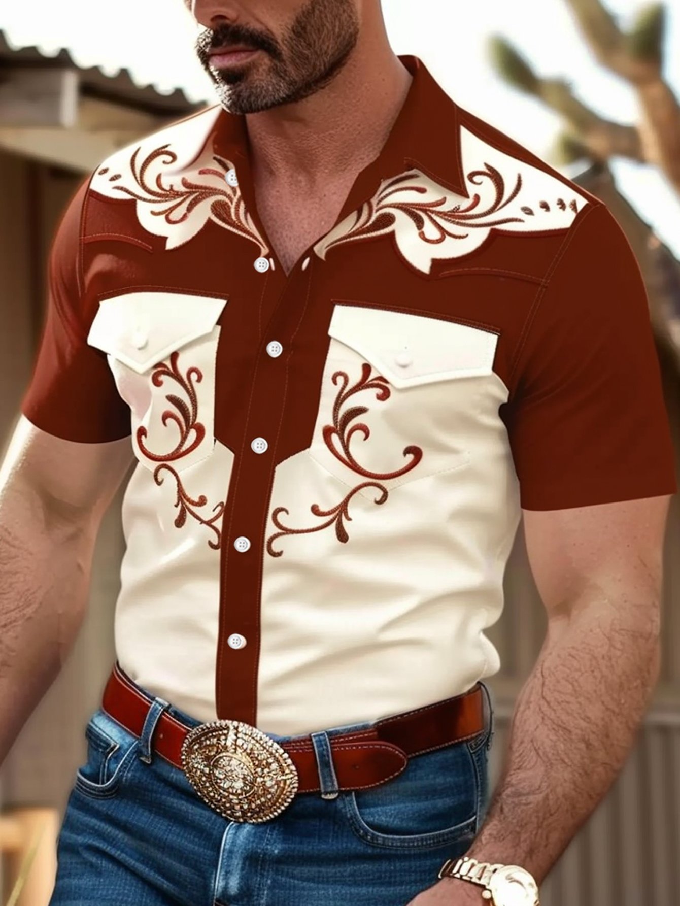 Royaura® Western Cowboy Floral 3D Printed Men's Button Pocket Short Sleeve Shirt Big & Tall