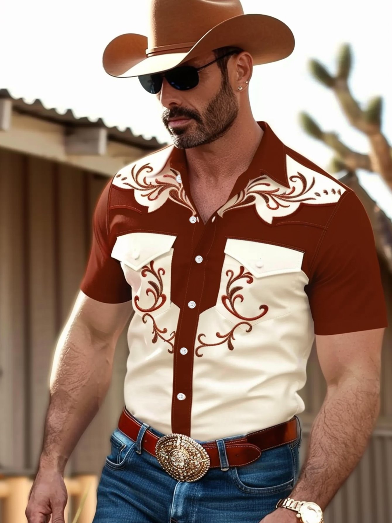 Royaura® Western Cowboy Floral 3D Printed Men's Button Pocket Short Sleeve Shirt Big & Tall