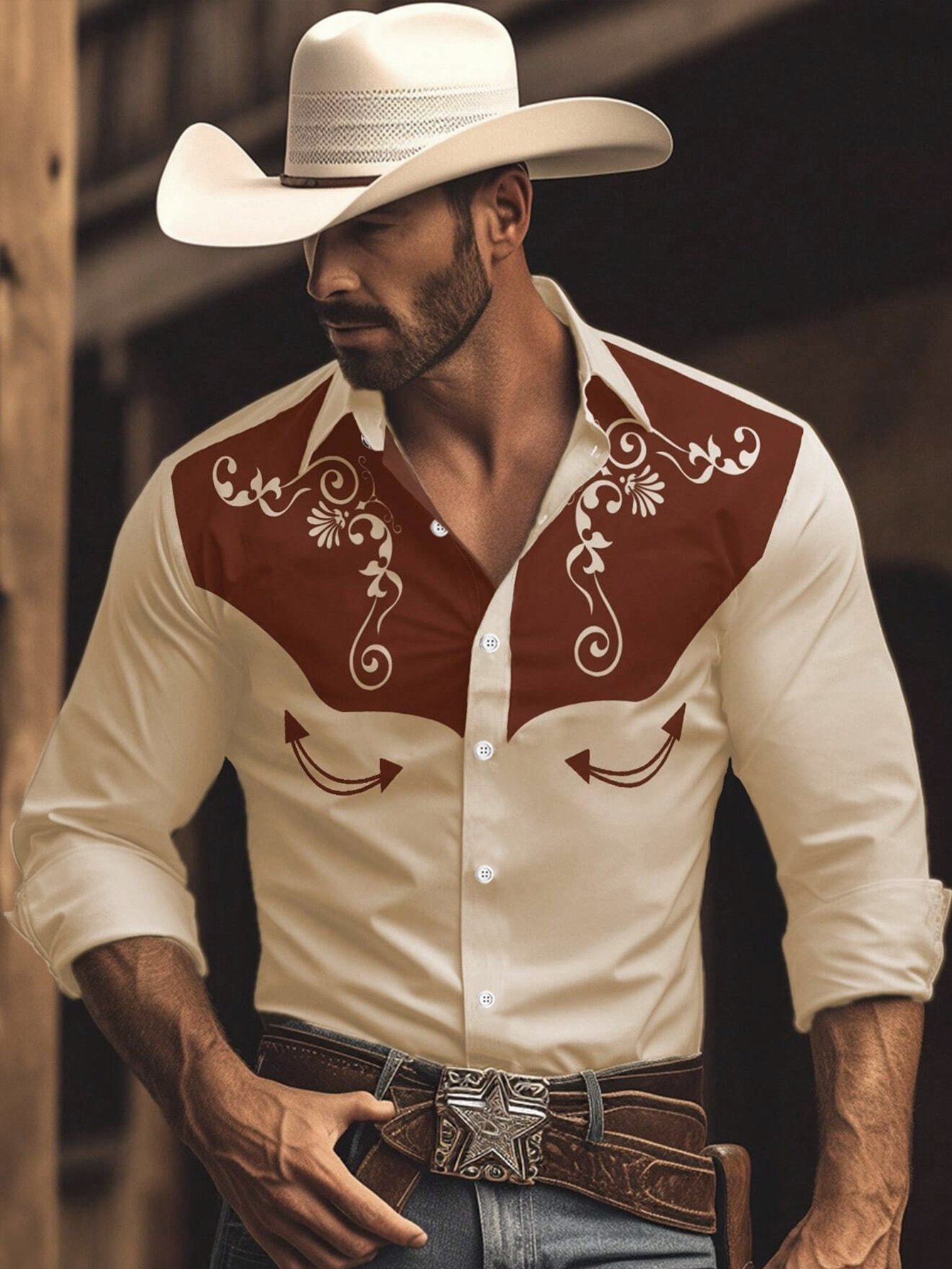 Royaura® Retro Western Cowboy 3D Digital Printing Men's Button Pocket Long Sleeve Shirt Big & Tall