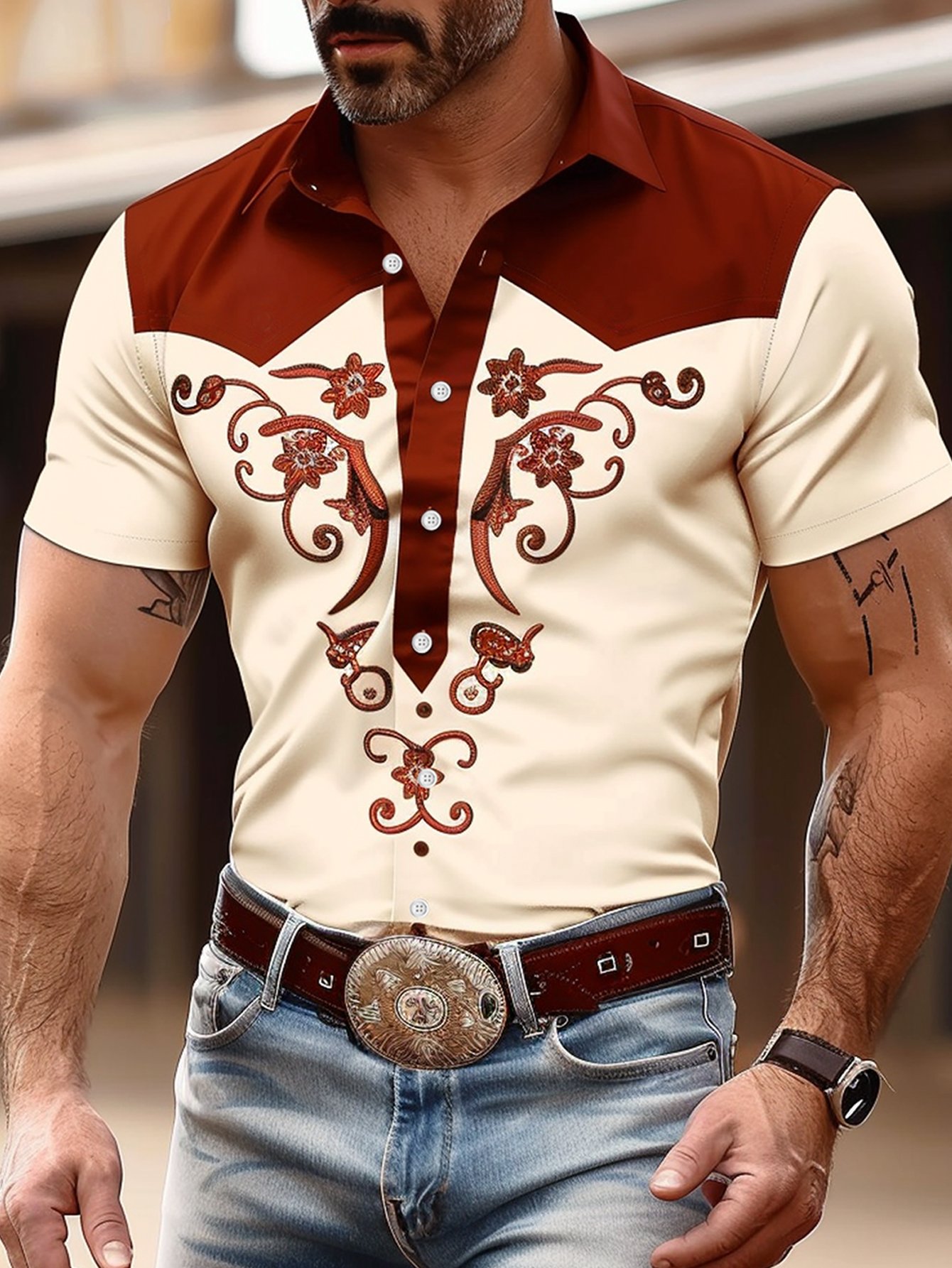 Royaura® Western Cowboy Floral 3D Printed Men's Button Pocket Short Sleeve Shirt Big & Tall