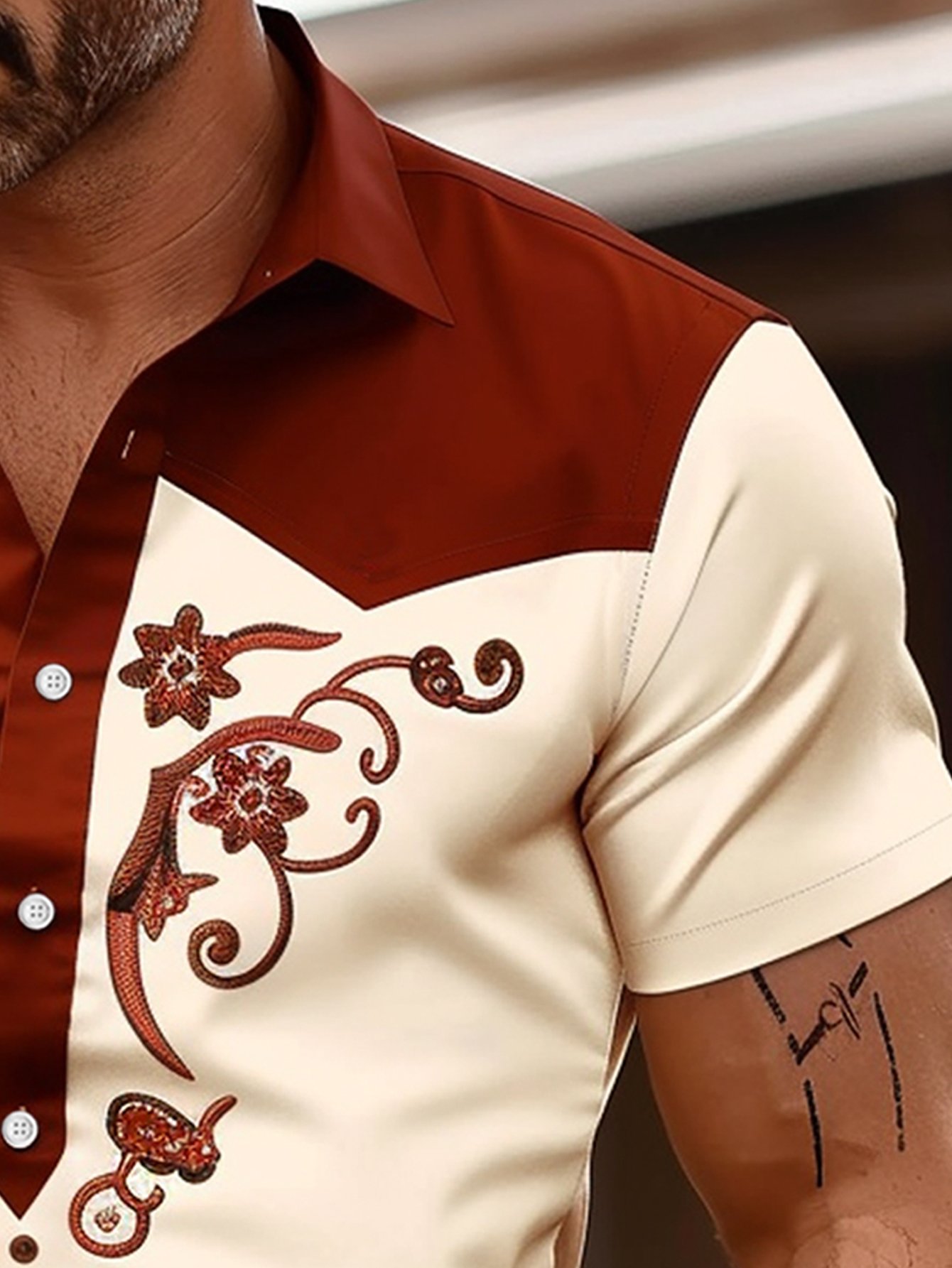 Royaura® Western Cowboy Floral 3D Printed Men's Button Pocket Short Sleeve Shirt Big & Tall