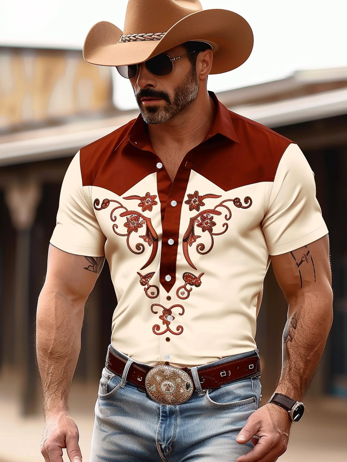 Royaura® Western Cowboy Floral 3D Printed Men's Button Pocket Short Sleeve Shirt Big & Tall