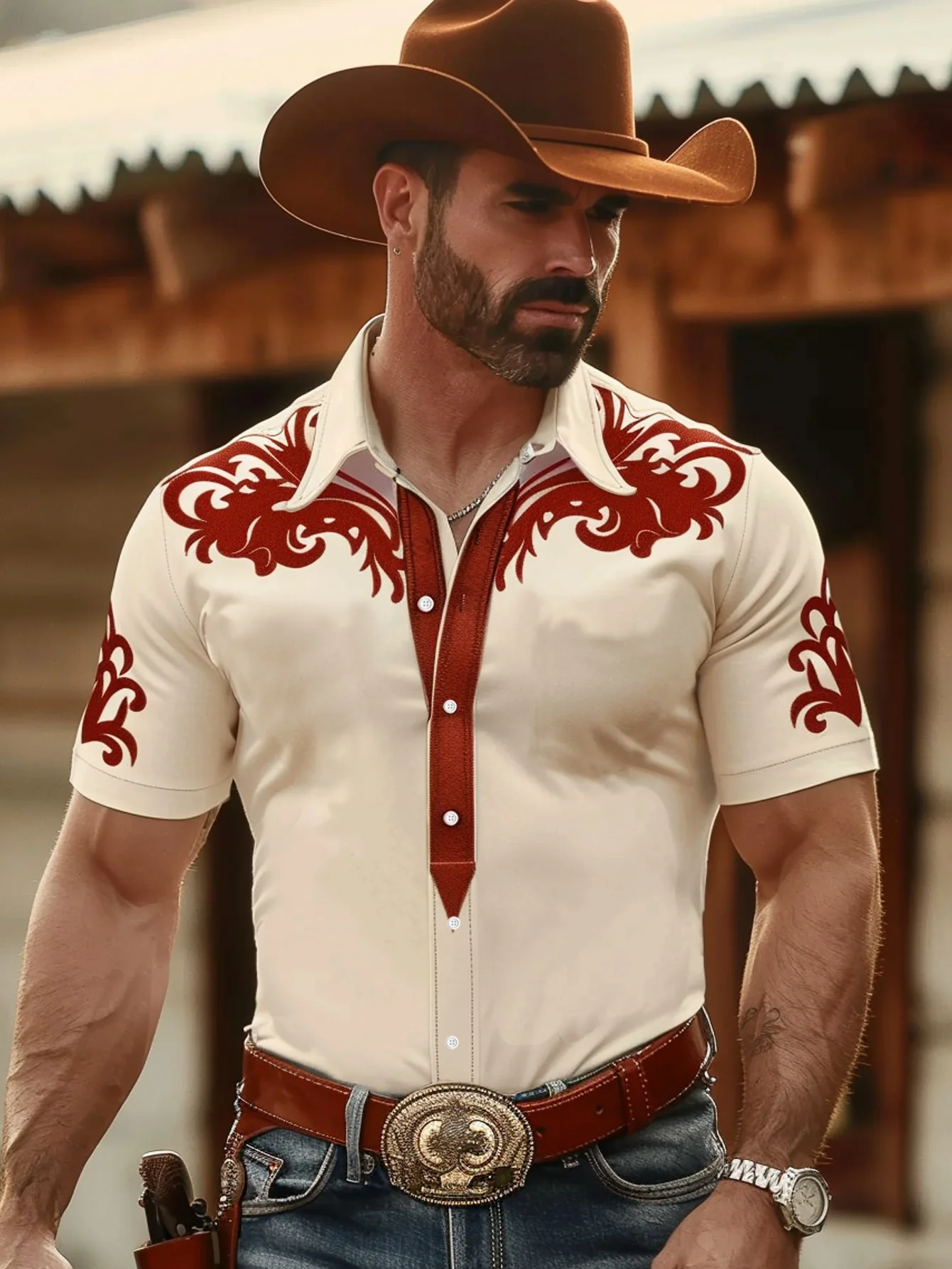 Royaura® Western Cowboy Floral 3D Printed Men's Button Pocket Short Sleeve Shirt Big & Tall