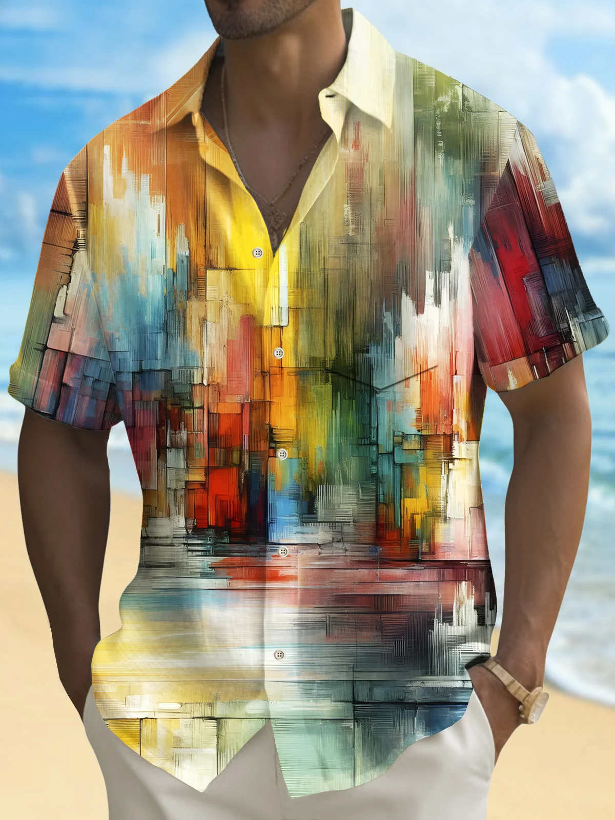 Royaura® Vintage Abstract Art Print Men's Chest Pocket Stretch Hawaiian Shirt Big Tall