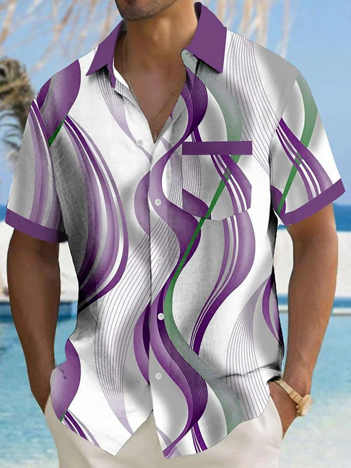 Royaura® Retro Gradient Geometric Art Print Men's Button Pocket Short Sleeve Shirt Big & Tall