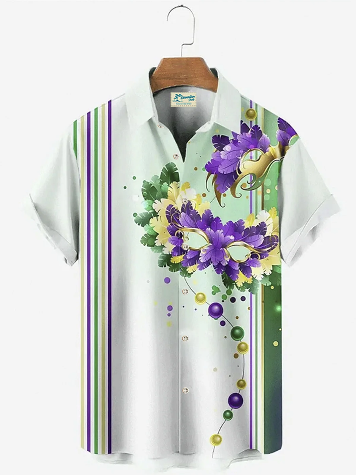 Royaura® Mardi Gras Patchwork Bowling Mask Button Pocket Short Sleeve Shirt Big & Tall