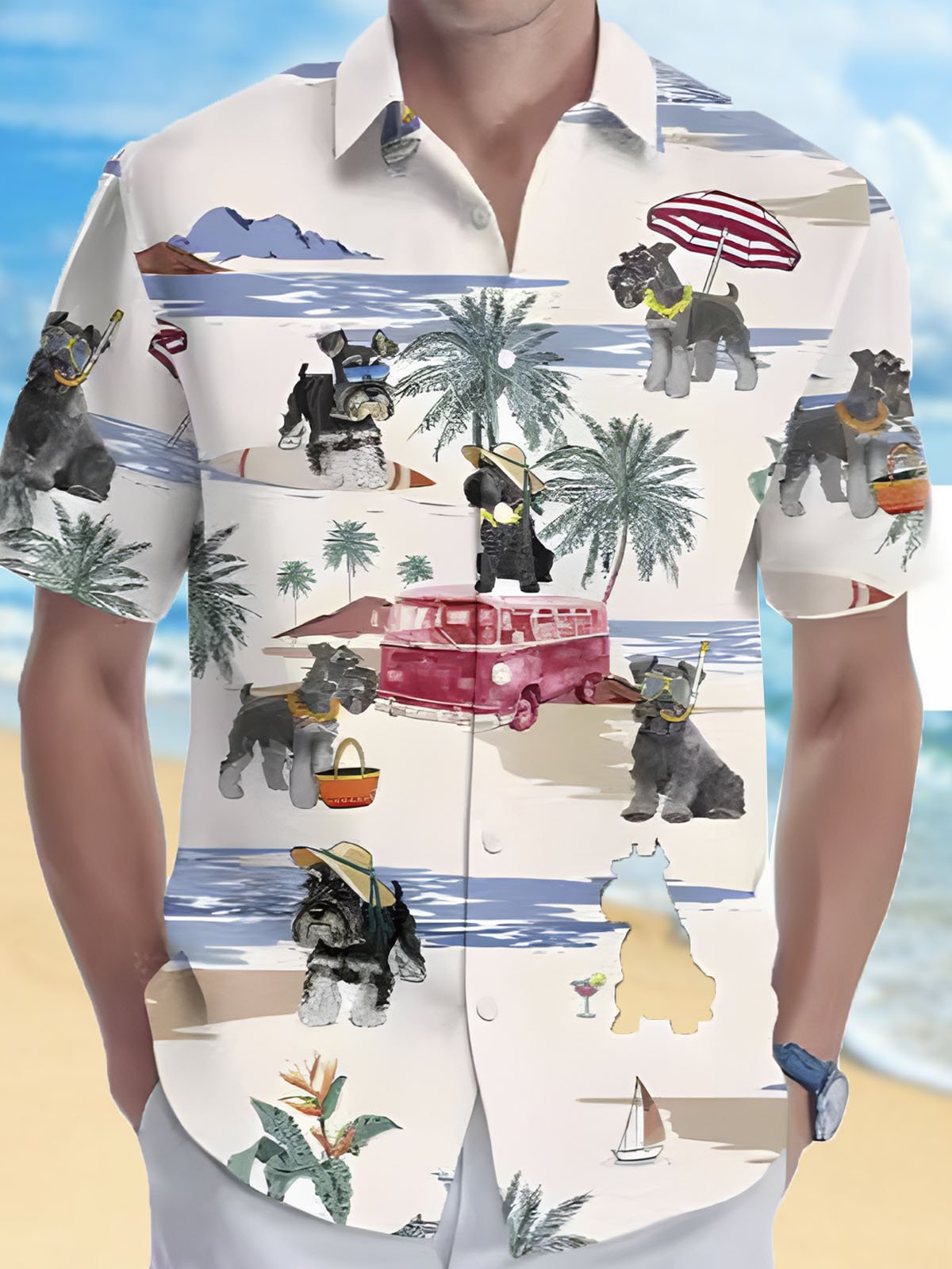 Royaura® Hawaiian Ocean Palm Leaf Dog Button Pocket Short Sleeve Shirt Shirt Big & Tall