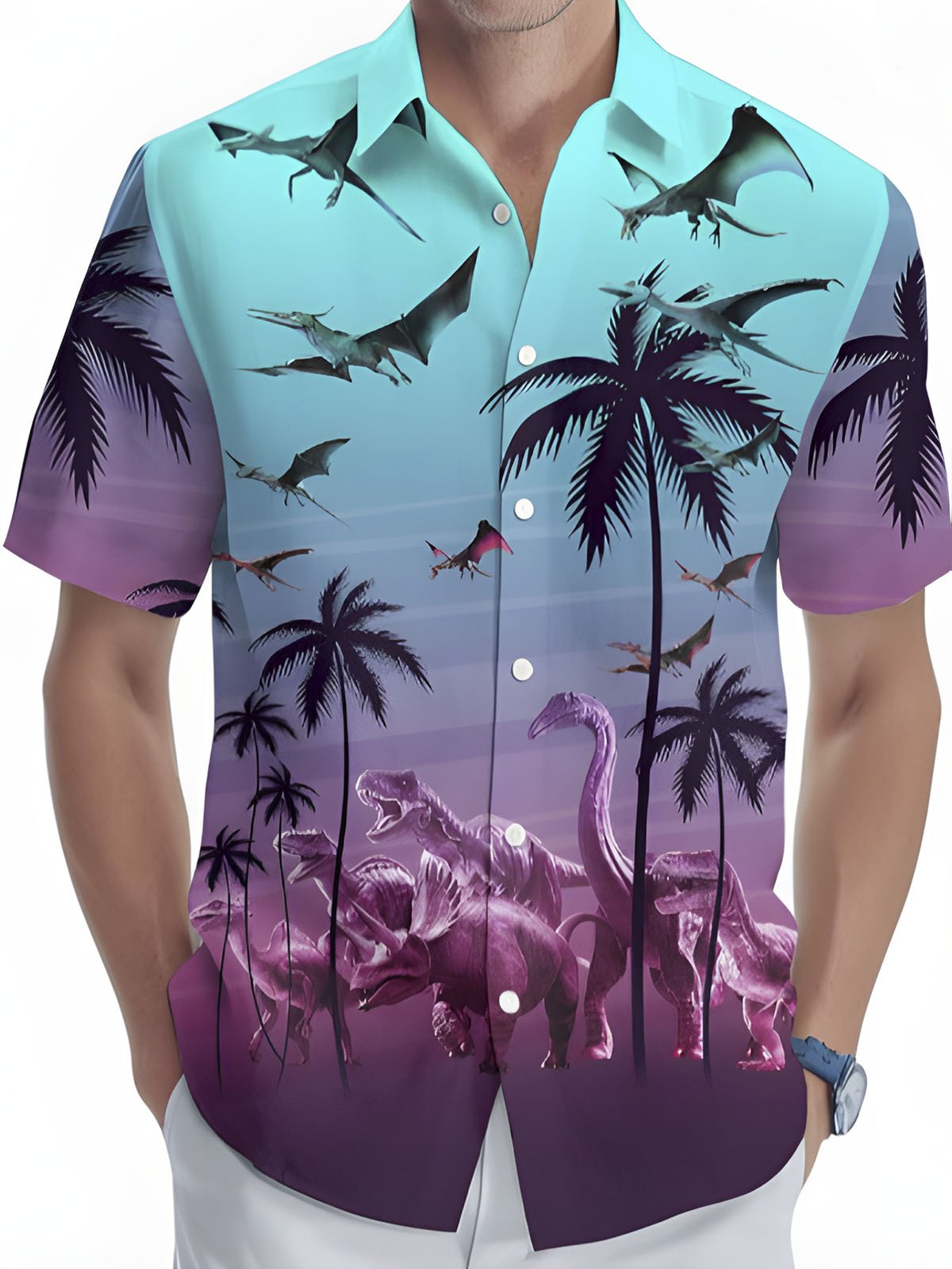 Royaura® Hawaiian Ocean Palm Leaf Dog Button Pocket Short Sleeve Shirt Shirt Big & Tall