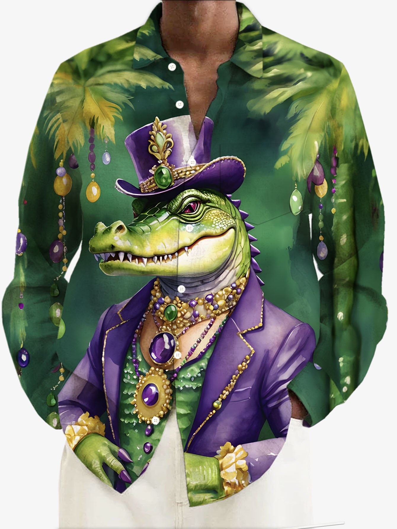 Royaura® Mardi Gras Alligator Print Men's Button Pocket Long Sleeve Shirt Big & Tall