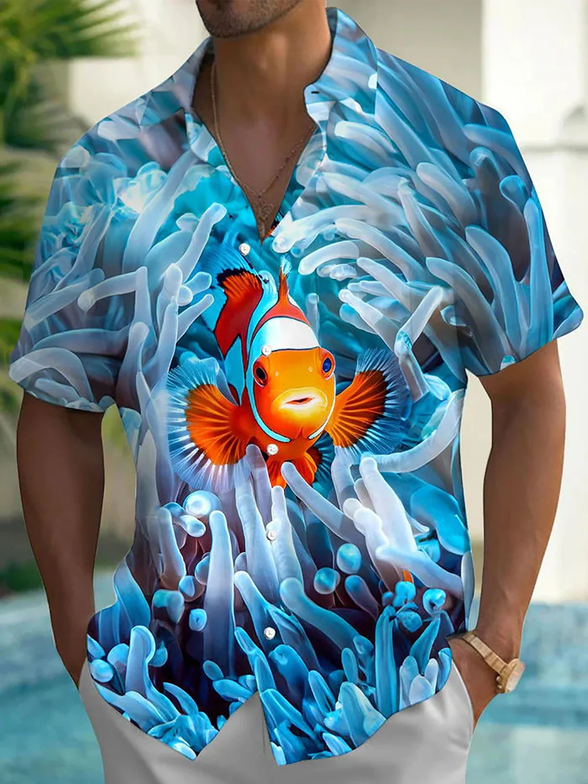 Royaura® Beach Vacation Men's Hawaiian Shirt Ocean Fish Print Pocket Camping Shirt Big Tall