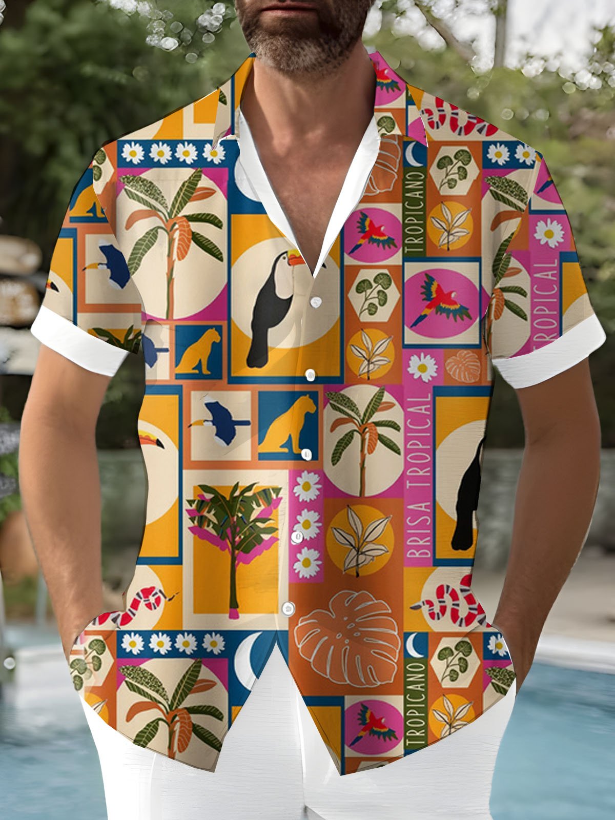 Royaura® Hawaiian Geometric Coconut Tree Button Pocket Short Sleeve Shirt Big & Tall