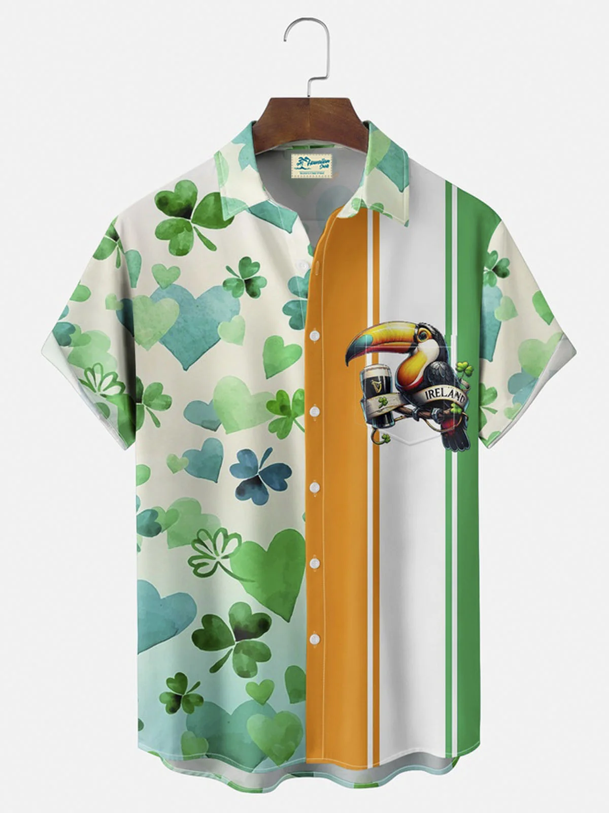 Royaura® St. Patrick's Shamrock Bowling Button Pocket Short Sleeve Shirt Big & Tall