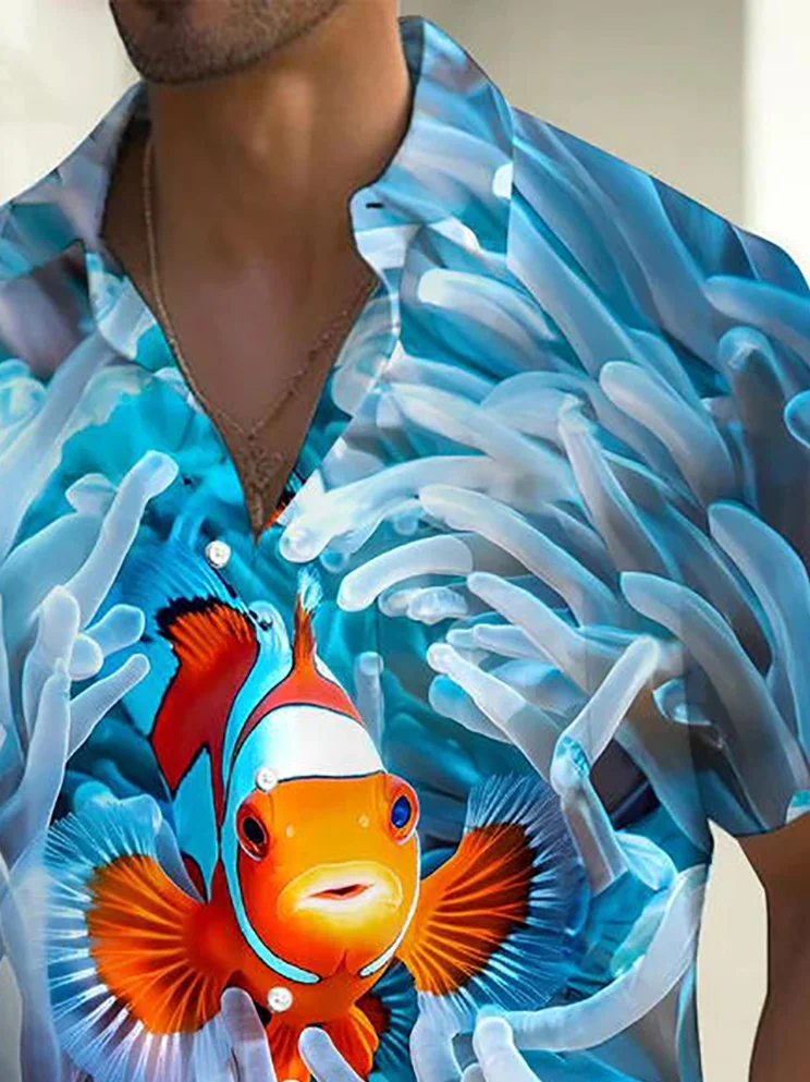 Royaura® Beach Vacation Men's Hawaiian Shirt Ocean Fish Print Pocket Camping Shirt Big Tall