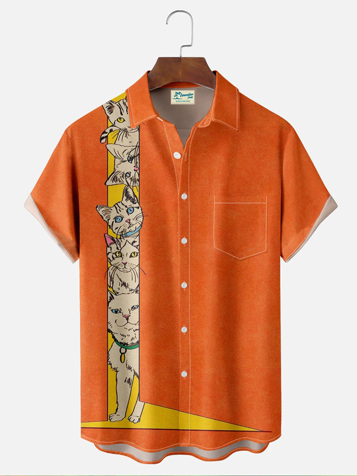 Royaura® Orange Bowling Cat Button Pocket Short Sleeve Shirt  Big & Tall