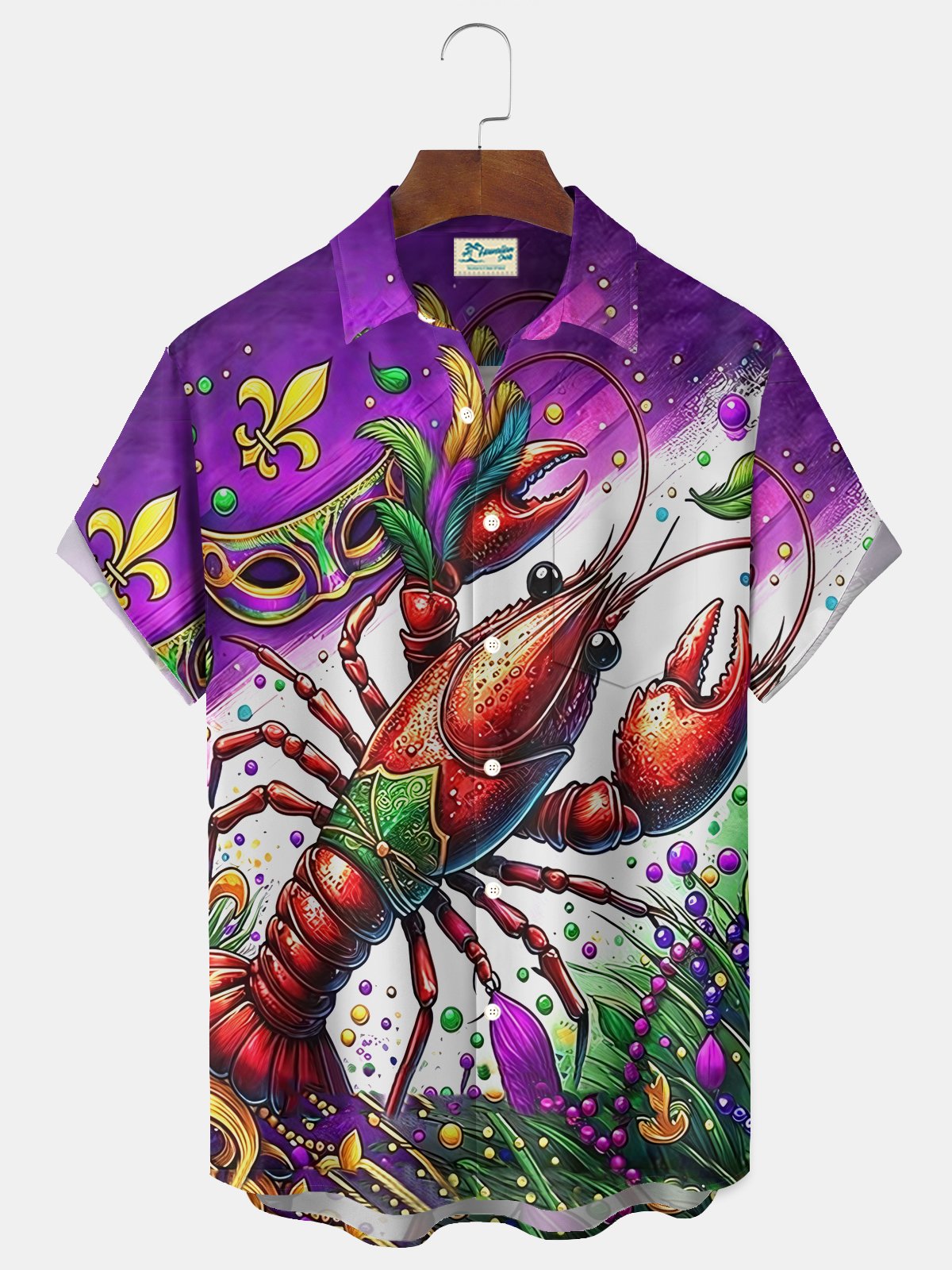 Royaura® Mardi Gras Lobster Gradient Print Men's Button Pocket Short Sleeve Shirt Big & Tall