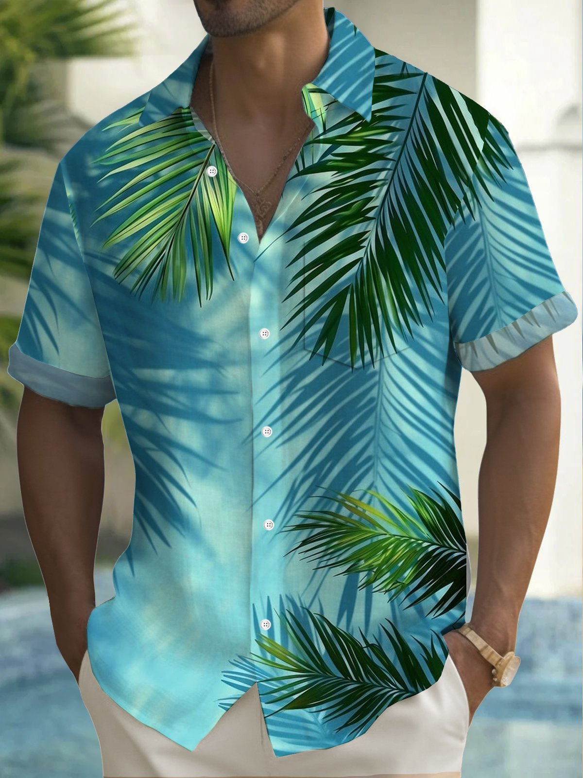 Royaura® Hawaiian Gradient Plant Leaf Print Men's Button Pocket Short Sleeve Shirt Big & Tall