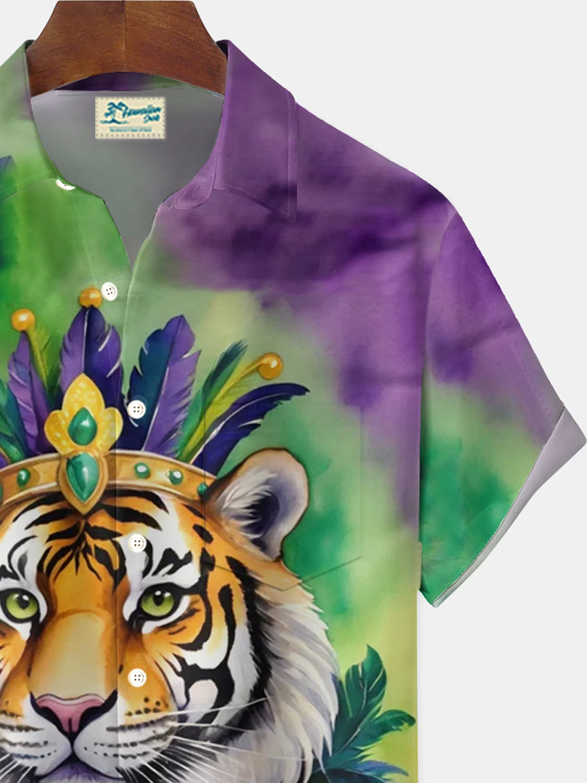 Royaura® Mardi Gras Tiger Gradient Print Men's Button Pocket Short Sleeve Shirt Big & Tall