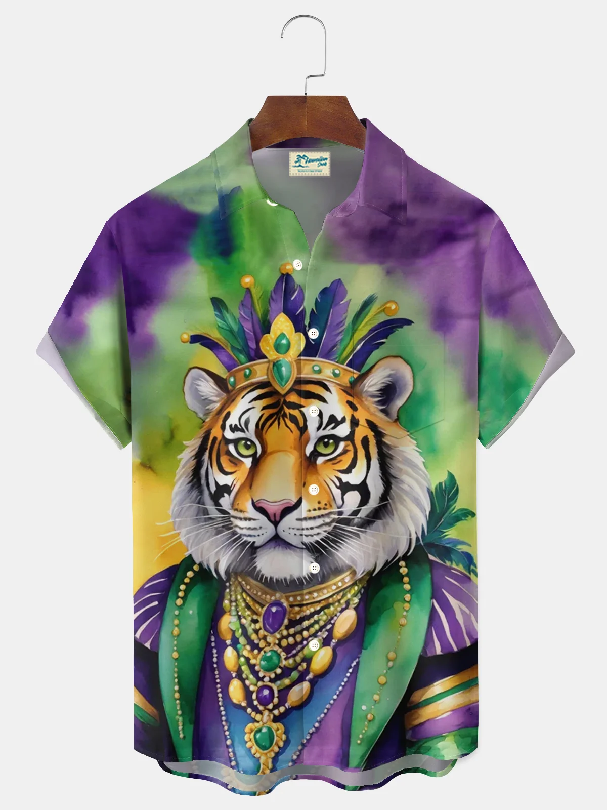 Royaura® Mardi Gras Tiger Gradient Print Men's Button Pocket Short Sleeve Shirt Big & Tall