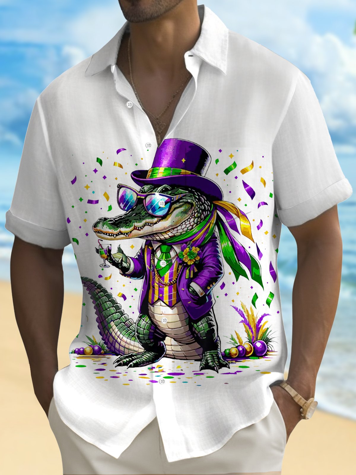 Royaura® Mardi Gras Alligator Jazz Print Men's Button Pocket Short Sleeve Shirt Big & Tall