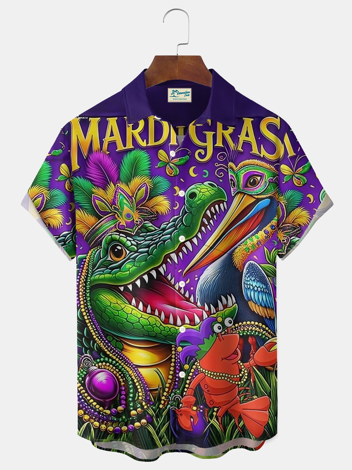 Royaura® Mardi Gras Crocodile Lobster Gradient Print Men's Button Pocket Short Sleeve Shirt Big & Tall