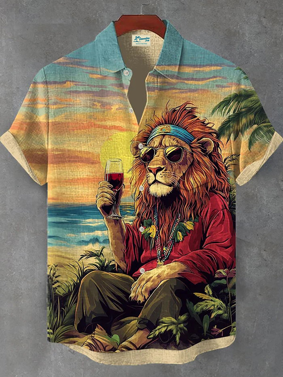 Royaura® Beach Vacation Men's Hawaiian Shirt Lion Print Pocket Camping Shirt Big Tall