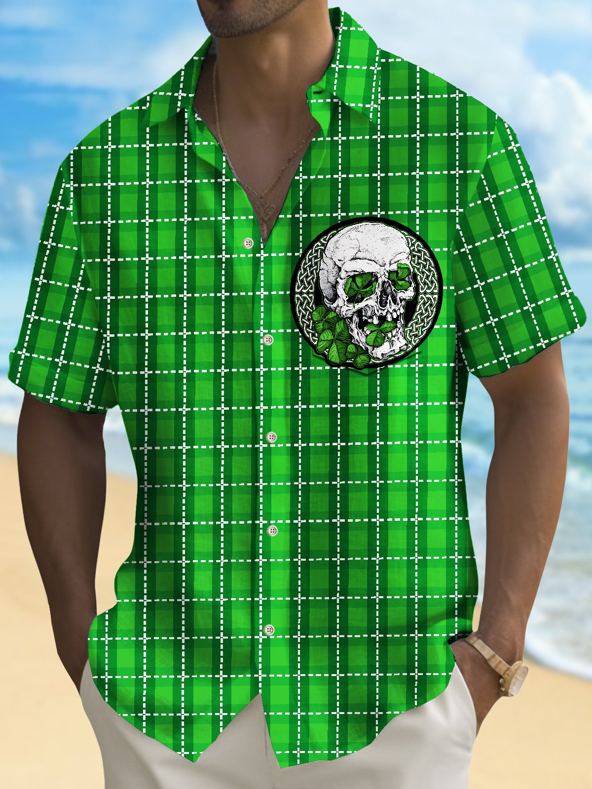 Royaura® St. Patrick's Day Irish Plaid Skull Shamrock Lucky Print Men's Chest Pocket Stretch Hawaiian Shirt Big Tall