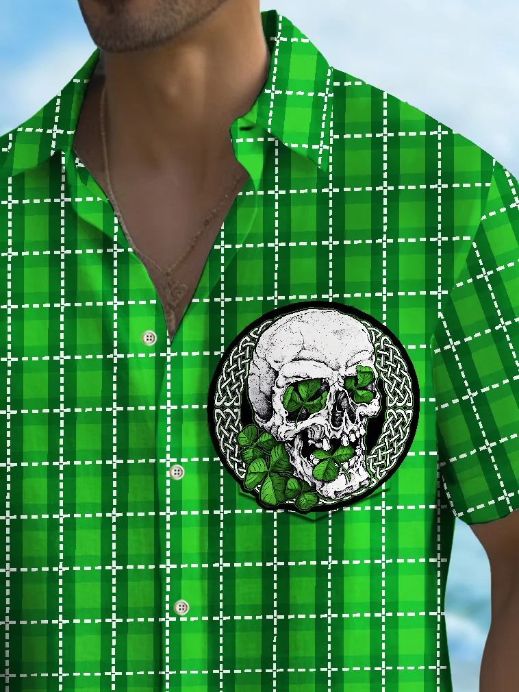 Royaura® St. Patrick's Day Irish Plaid Skull Shamrock Lucky Print Men's Chest Pocket Stretch Hawaiian Shirt Big Tall