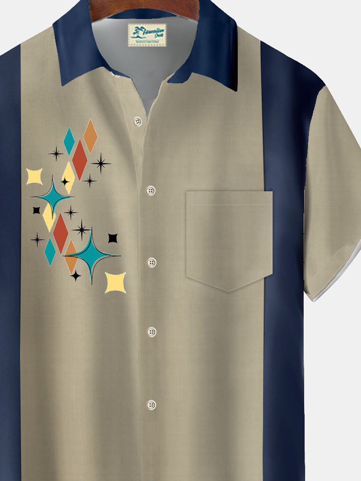 Royaura® Contrast bowling geometric button pocket short sleeve shirt  Big & Tall