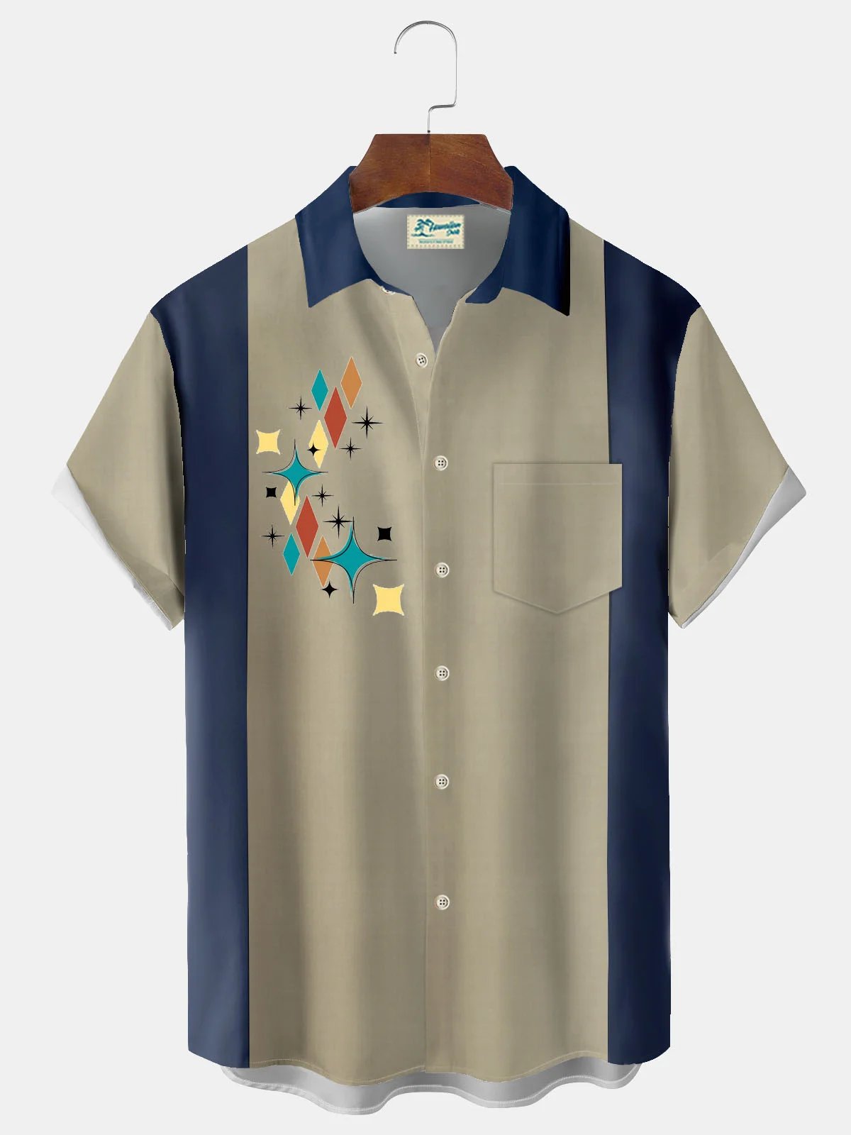 Royaura® Contrast bowling geometric button pocket short sleeve shirt  Big & Tall