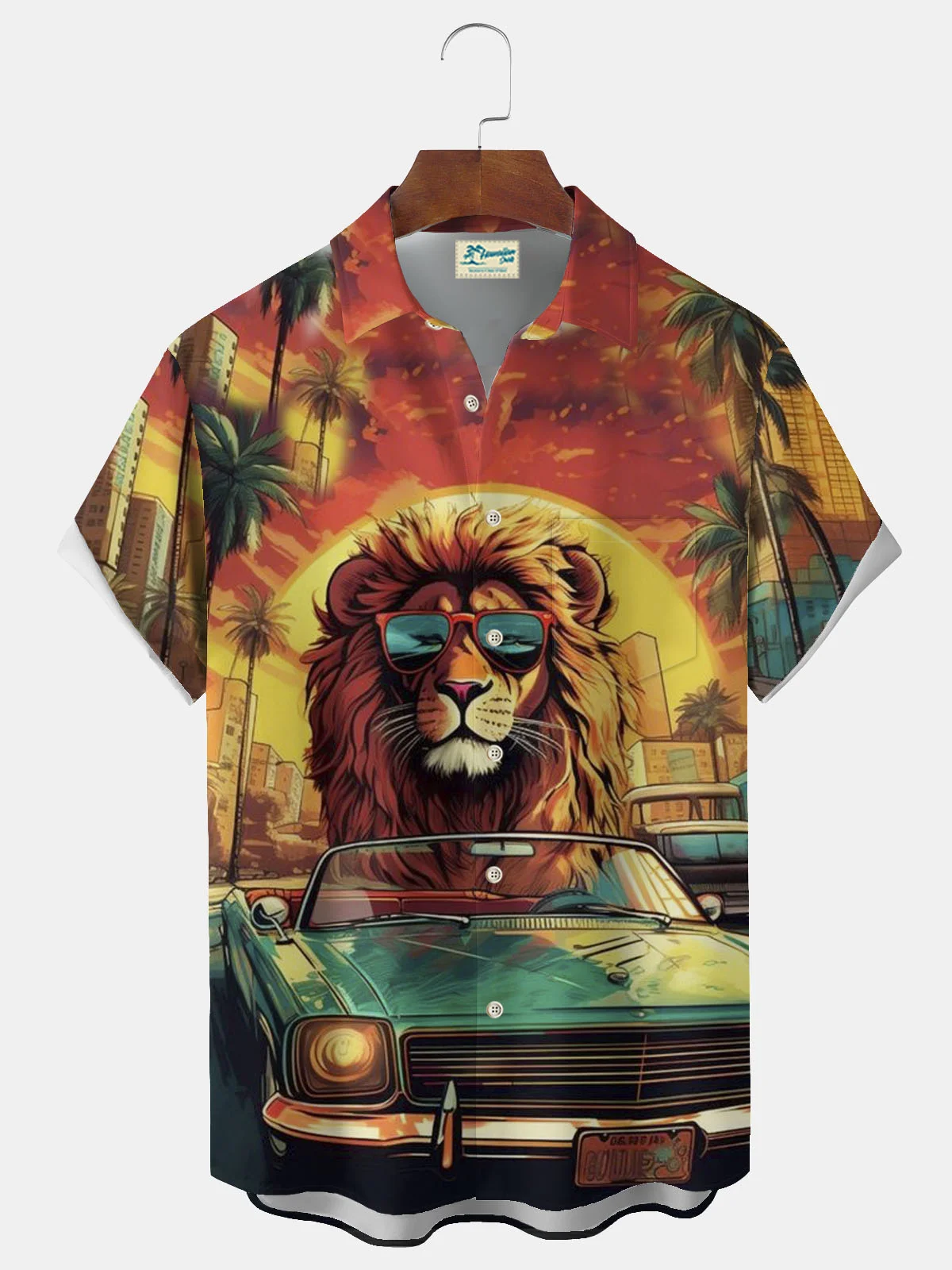 Royaura® Hawaiian Coconut Tree Lion Button Pocket Short Sleeve Shirt  Big & Tall