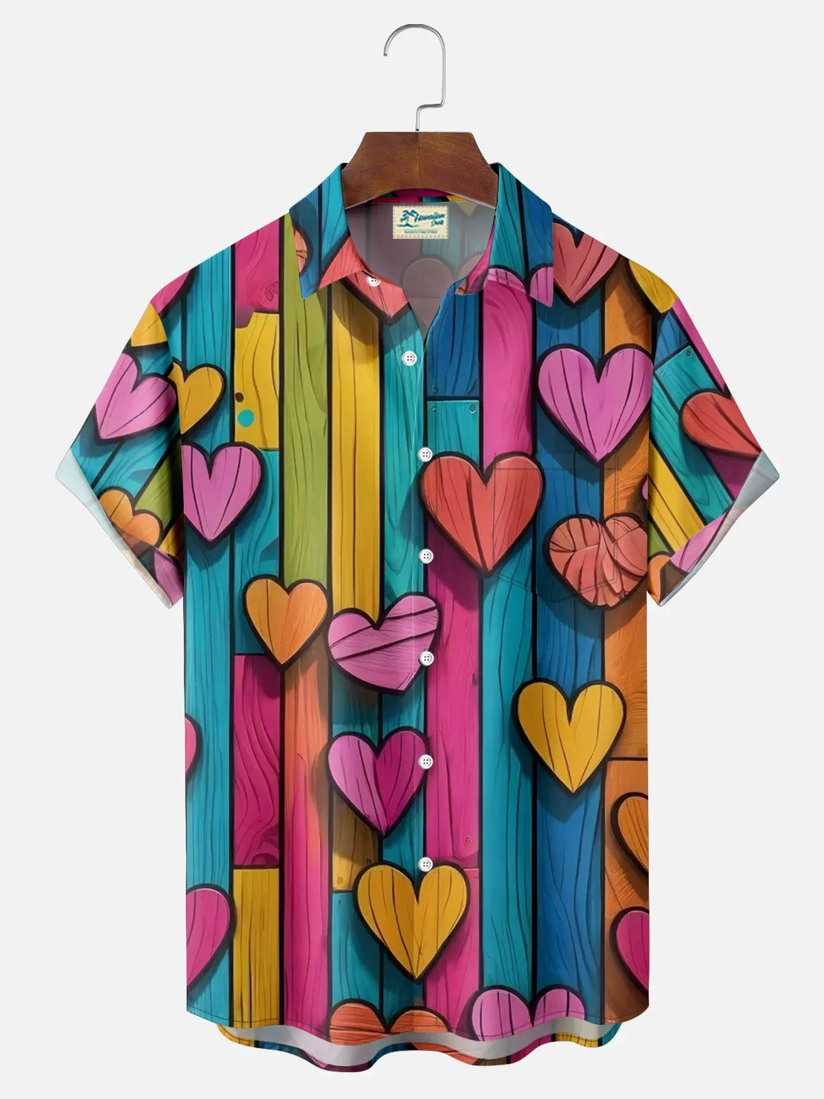 Royaura® Valentine's Day Heart Color Block Print Men's Button Pocket Short Sleeve Shirt Big & Tall