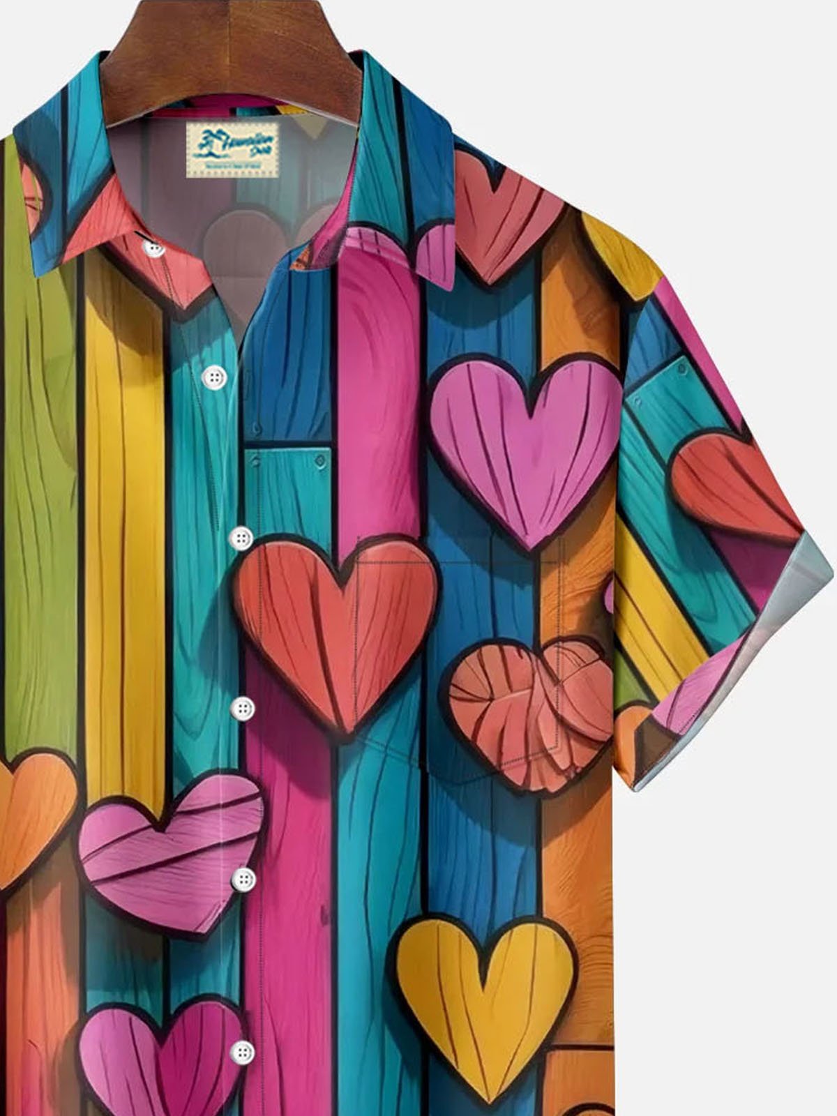 Royaura® Valentine's Day Heart Color Block Print Men's Button Pocket Short Sleeve Shirt Big & Tall