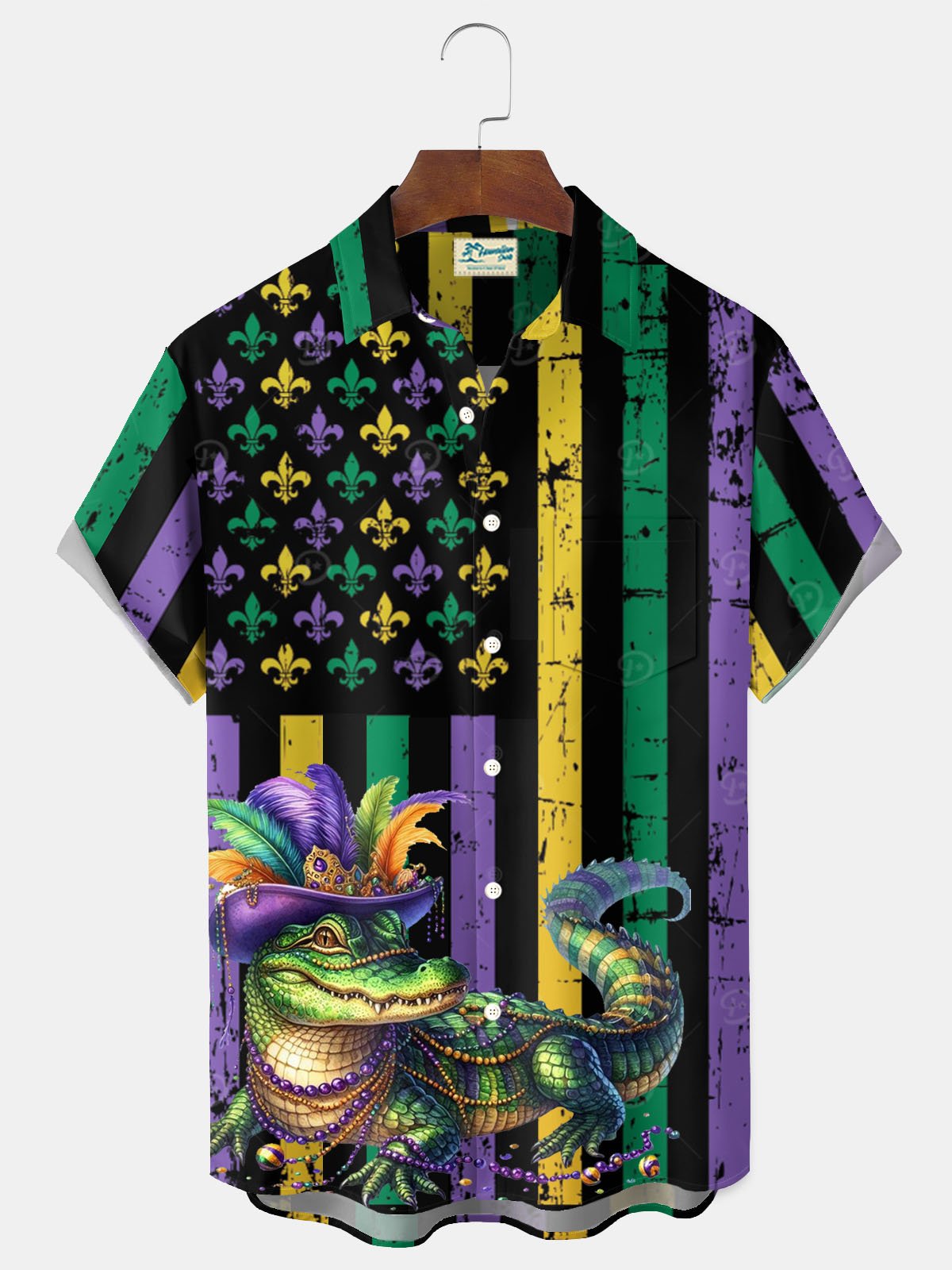 Royaura® Mardi Gras Flag Crocodile 3D Digital Print Men's Button Pocket Short Sleeve Shirt Big & Tall