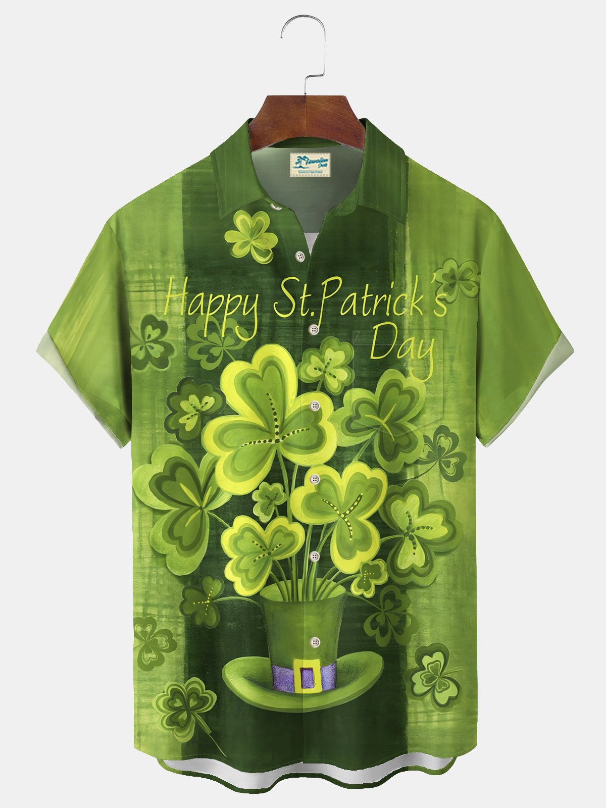 Royaura® St. Patrick's Day Irish Shamrock Lucky Print Men's Chest Pocket Stretch Hawaiian Shirt Big Tall