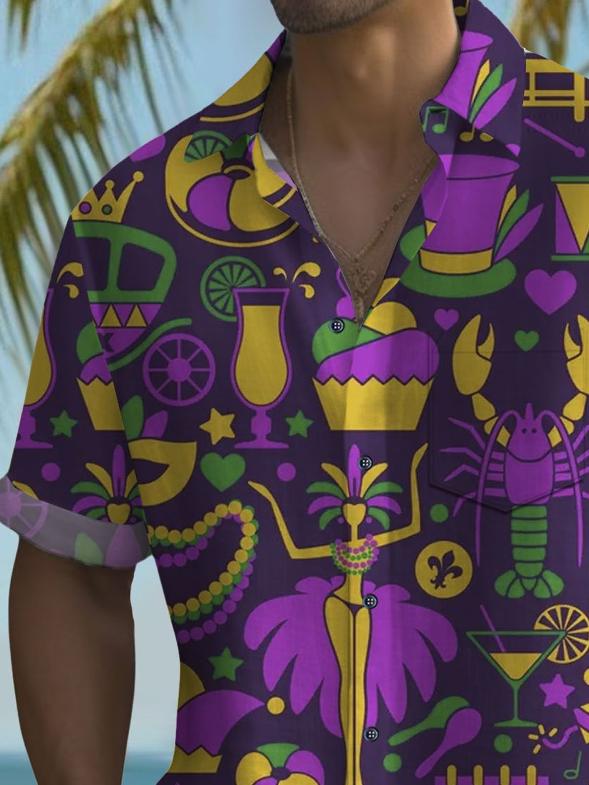 Royaura® Mardi Gras Geometric Lobster Fleur-de-lis Button Pocket Short Sleeve Shirt Big & Tall