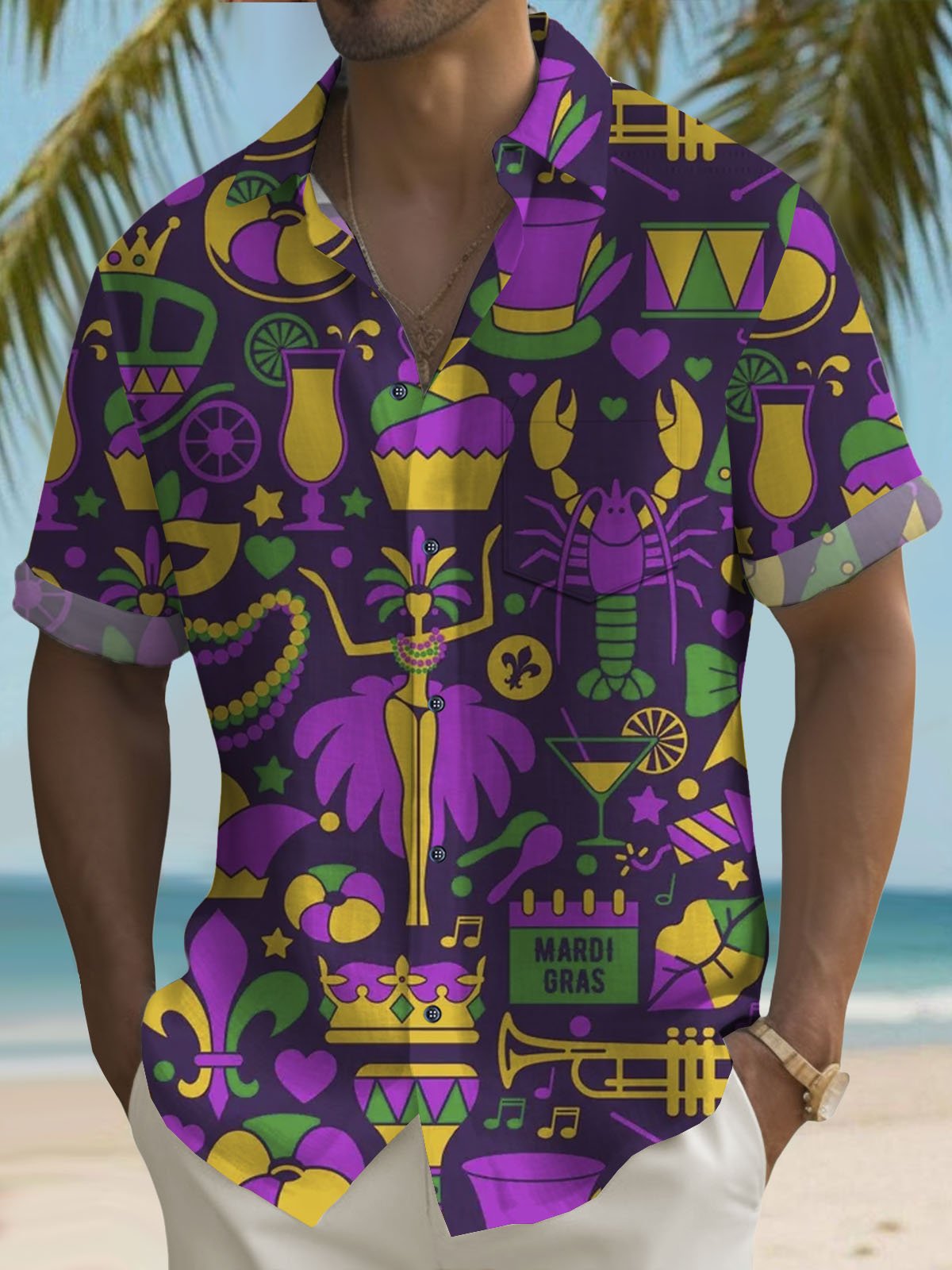 Royaura® Mardi Gras Geometric Lobster Fleur-de-lis Button Pocket Short Sleeve Shirt Big & Tall