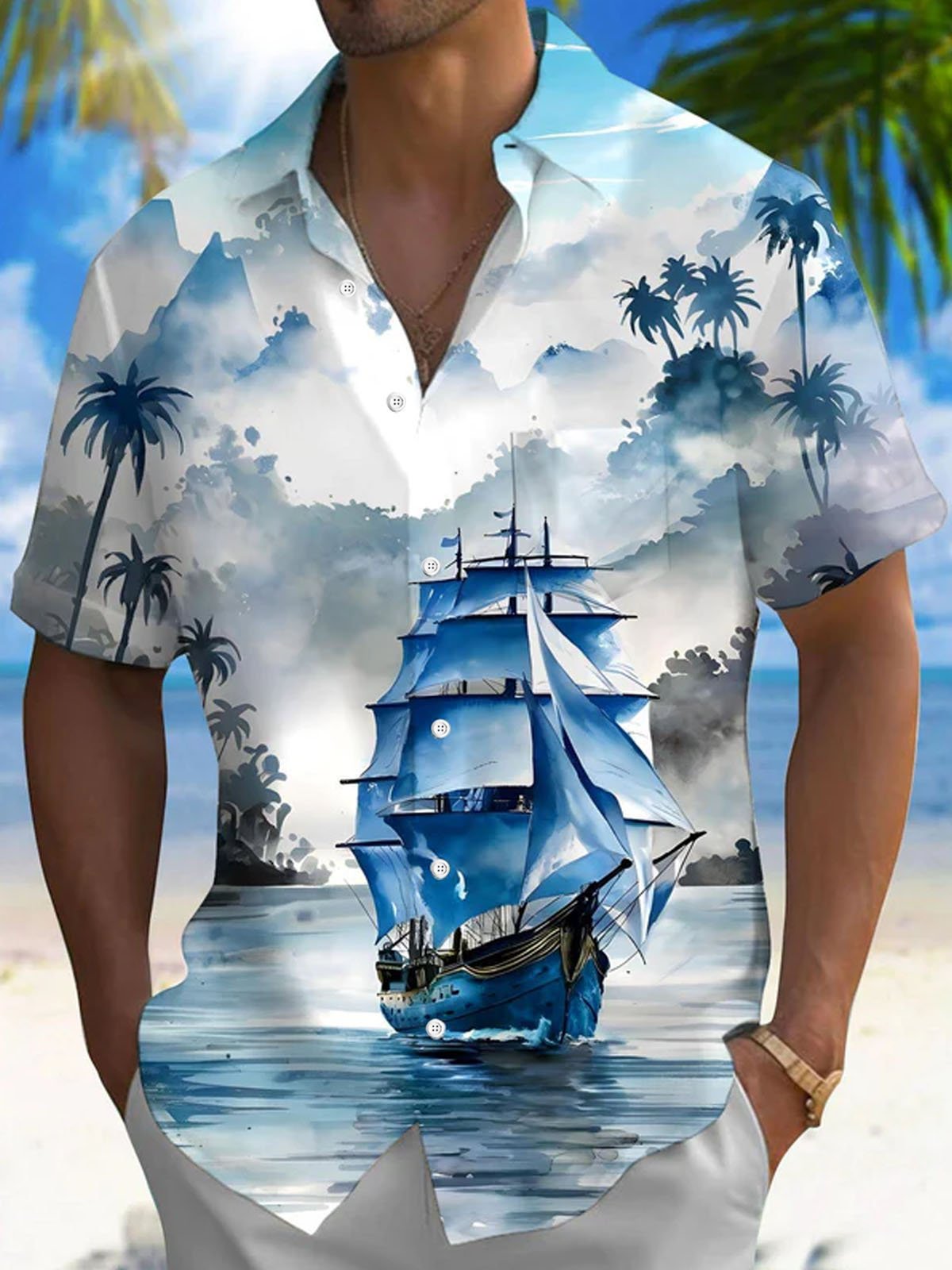 Royaura® Hawaiian Sailboat Sailing Coconut Tree Print Men's Button Pocket Short Sleeve Shirt Big & Tall