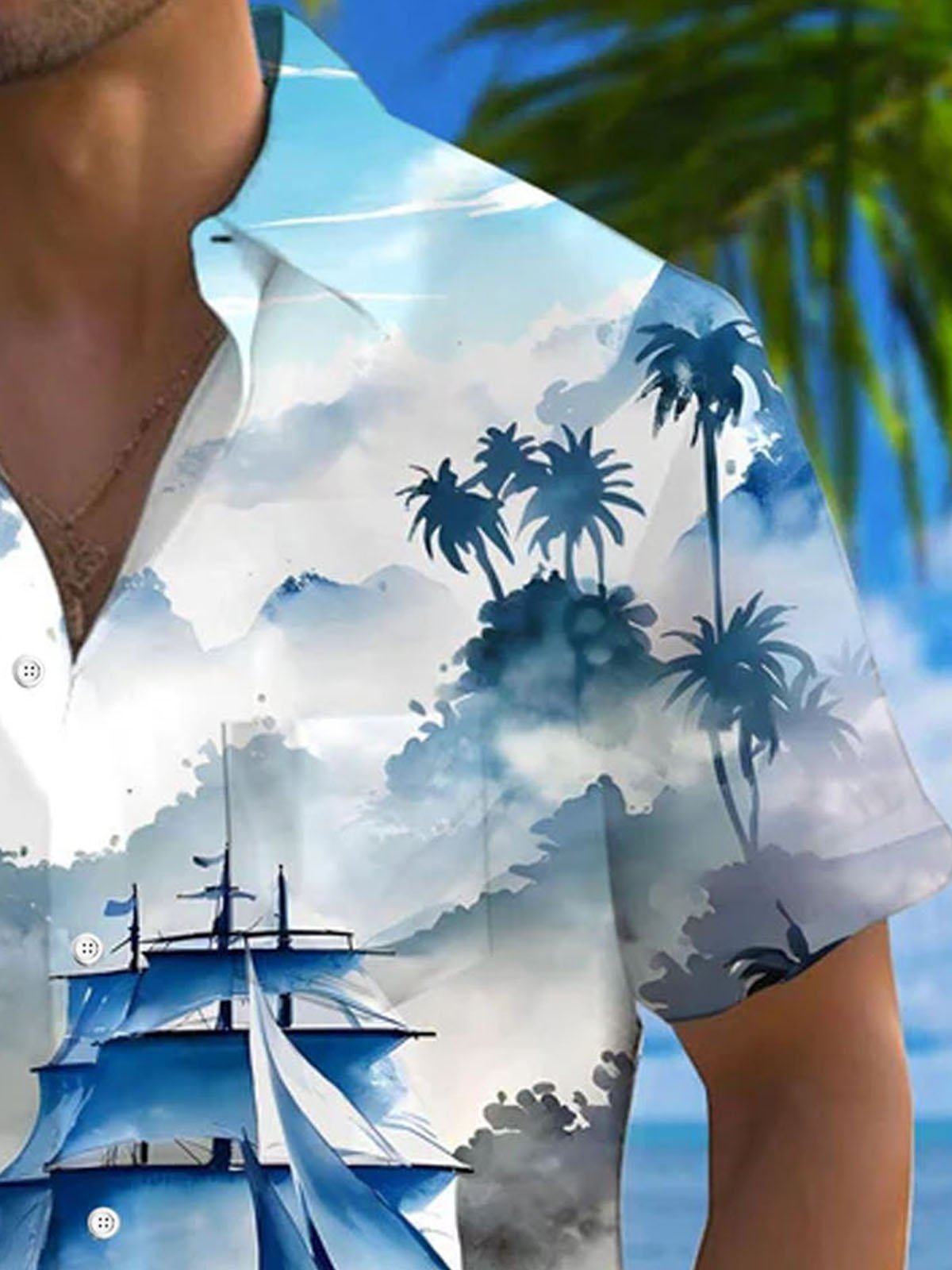 Royaura® Hawaiian Sailboat Sailing Coconut Tree Print Men's Button Pocket Short Sleeve Shirt Big & Tall