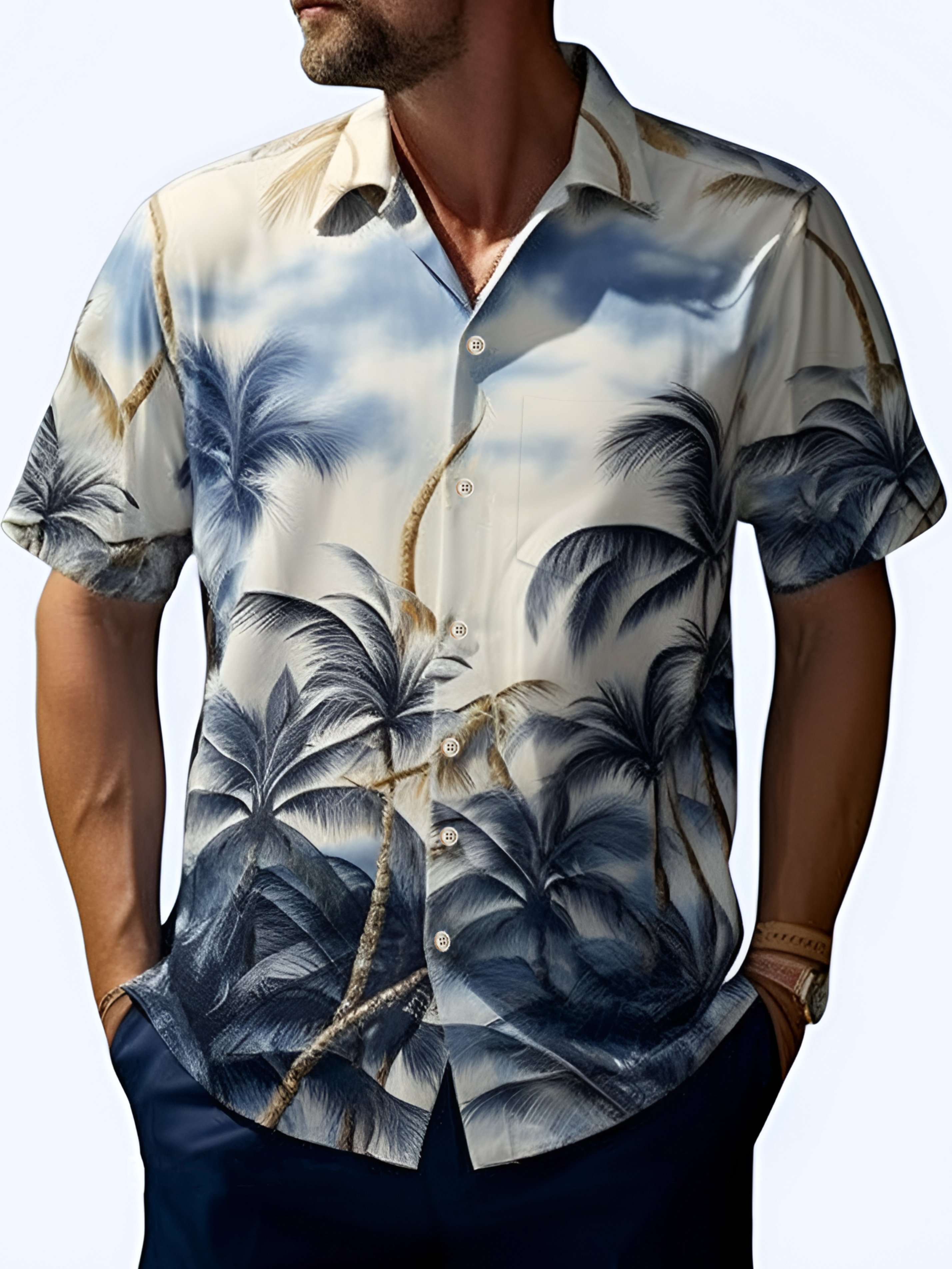 Royaura® Beach Vacation Men's Hawaiian Shirt Coconut Tree Print Pocket Camping Shirt Big Tall