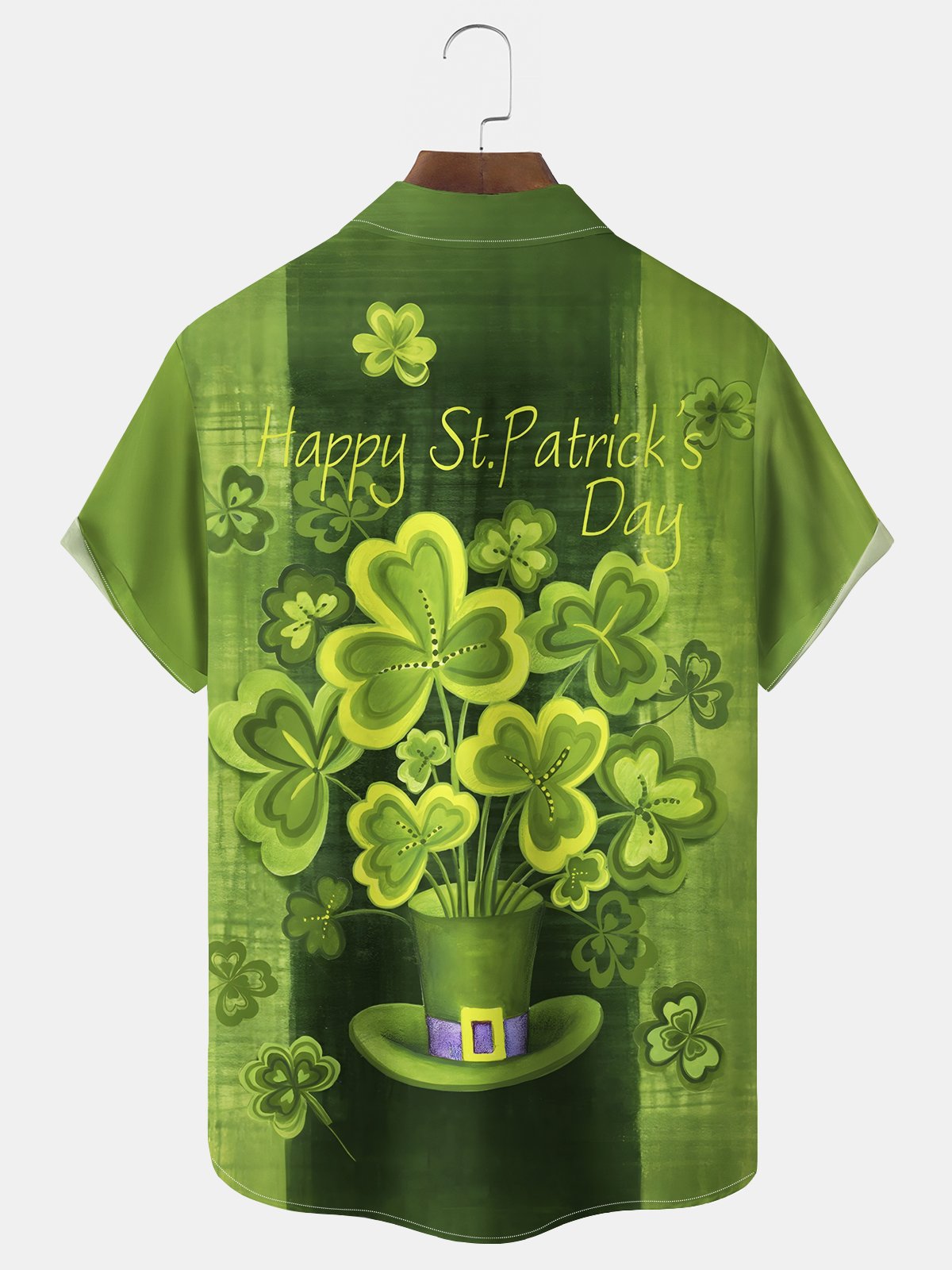 Royaura® St. Patrick's Day Irish Shamrock Lucky Print Men's Chest Pocket Stretch Hawaiian Shirt Big Tall