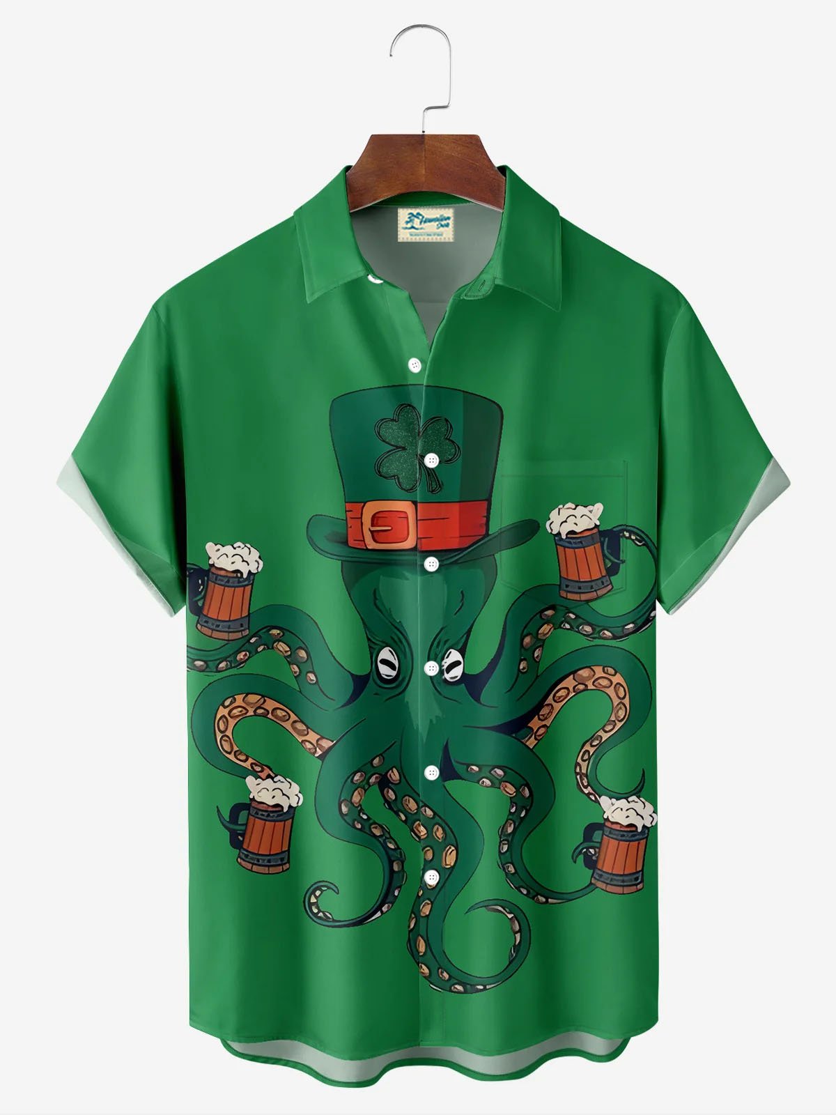 Royaura® St. Patrick's Day Octopus Beer Print Men's Button Pocket Short Sleeve Shirt Big & Tall