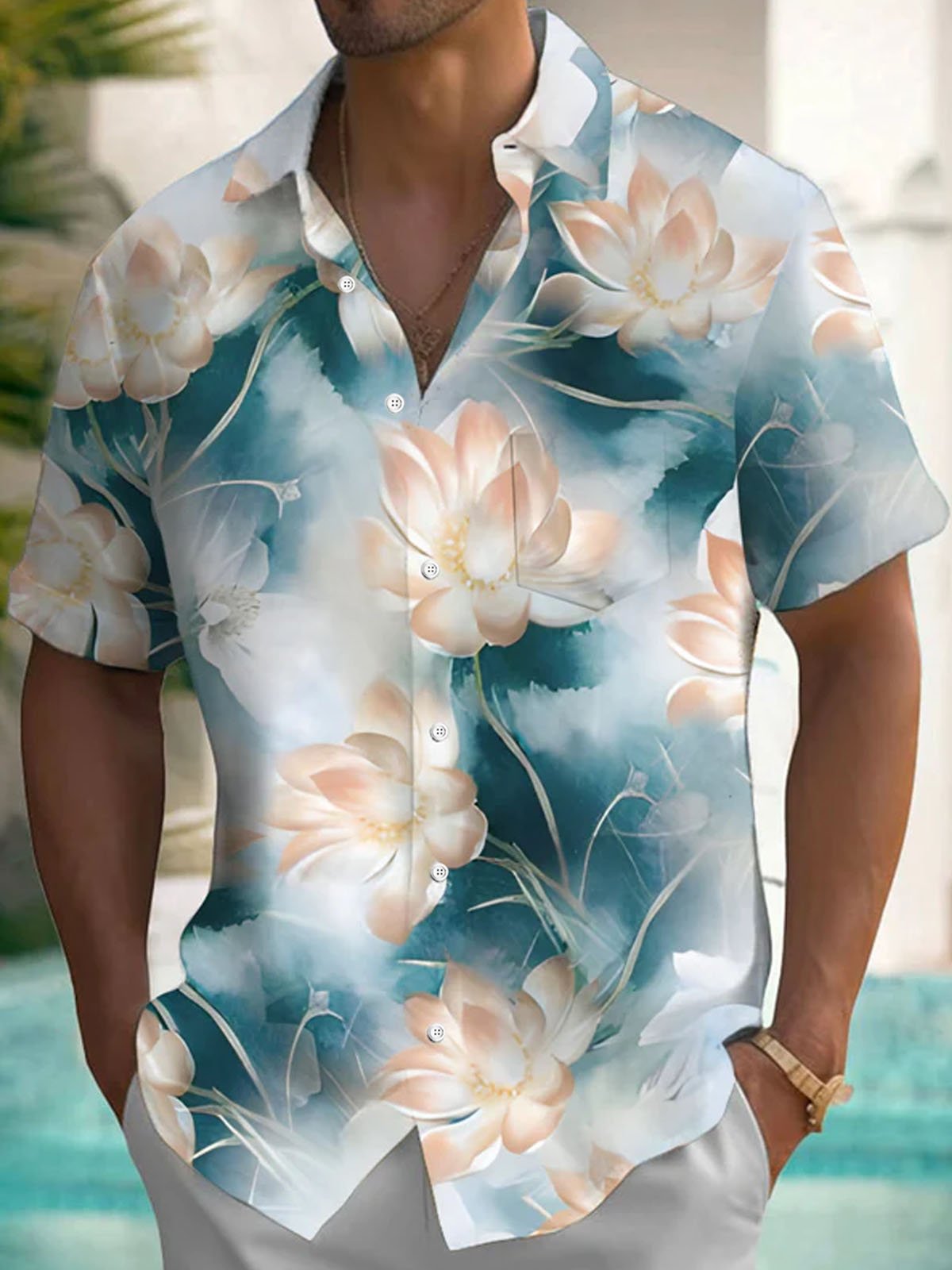 Royaura® Hawaiian Gradient Floral Print Men's Button Pocket Short Sleeve Shirt Big & Tall