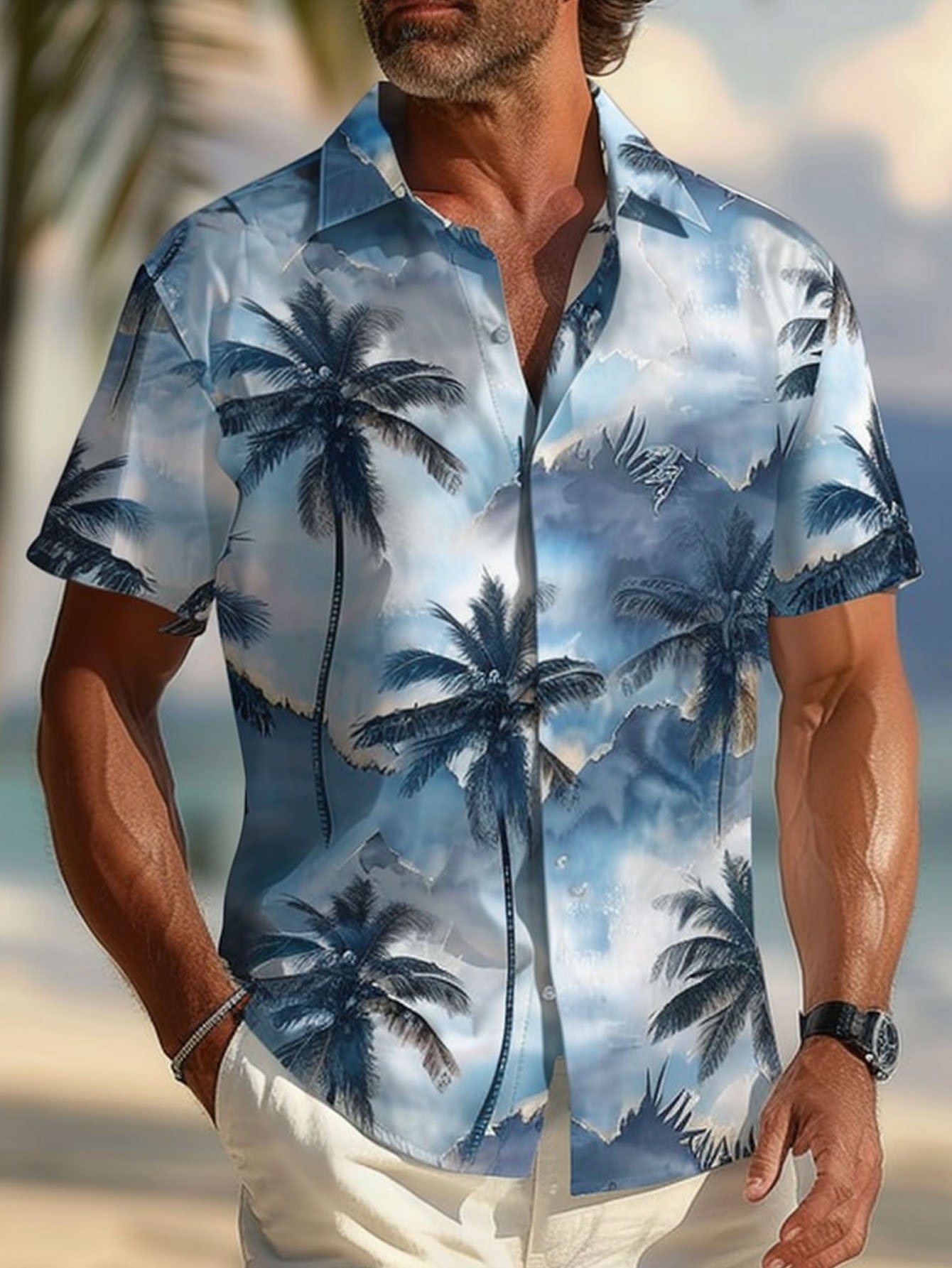 Royaura® Hawaiian Coconut Tree Gradient Print Men's Button Pocket Short Sleeve Shirt Big & Tall